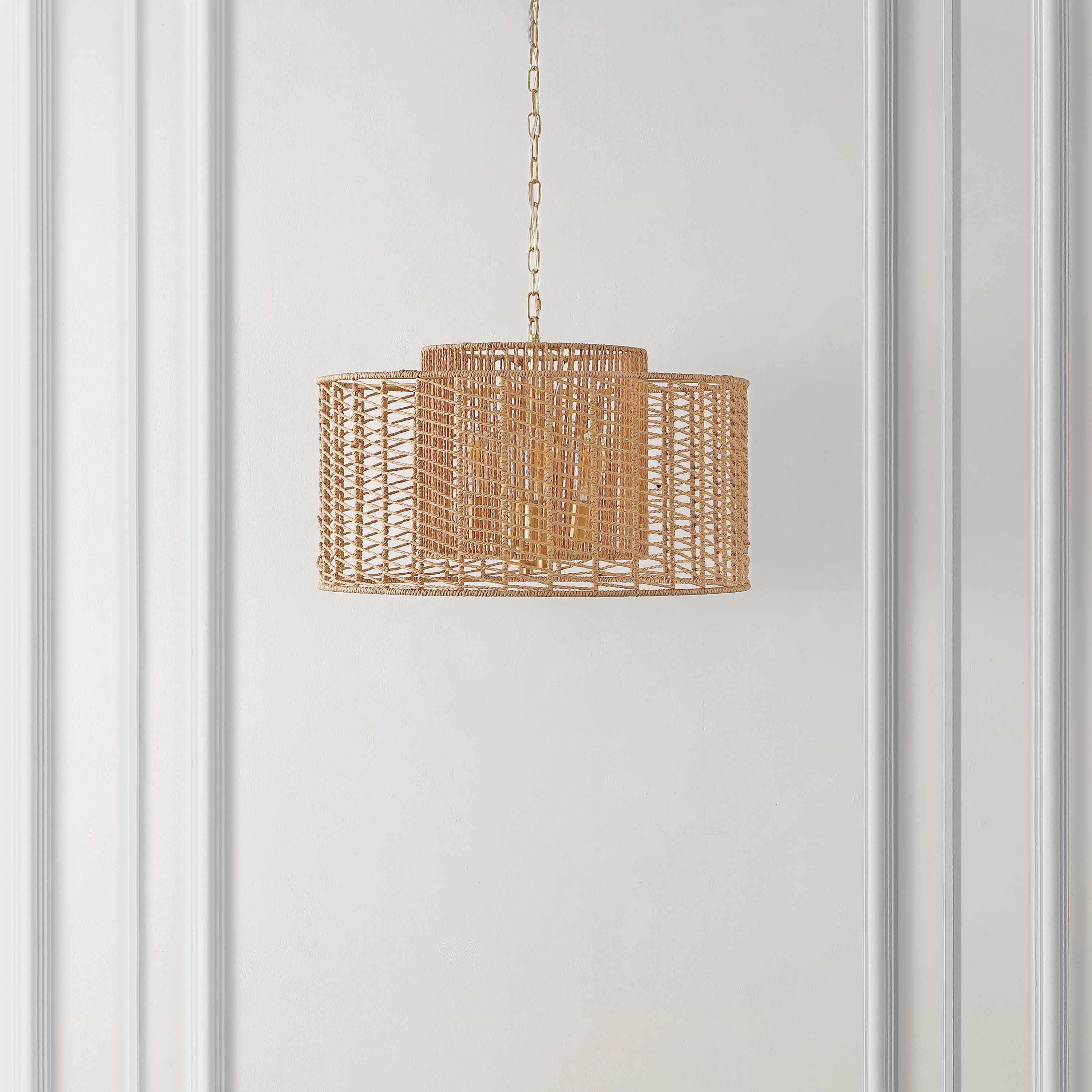 Natural Woven Rope and Brass Drum Pendant Light