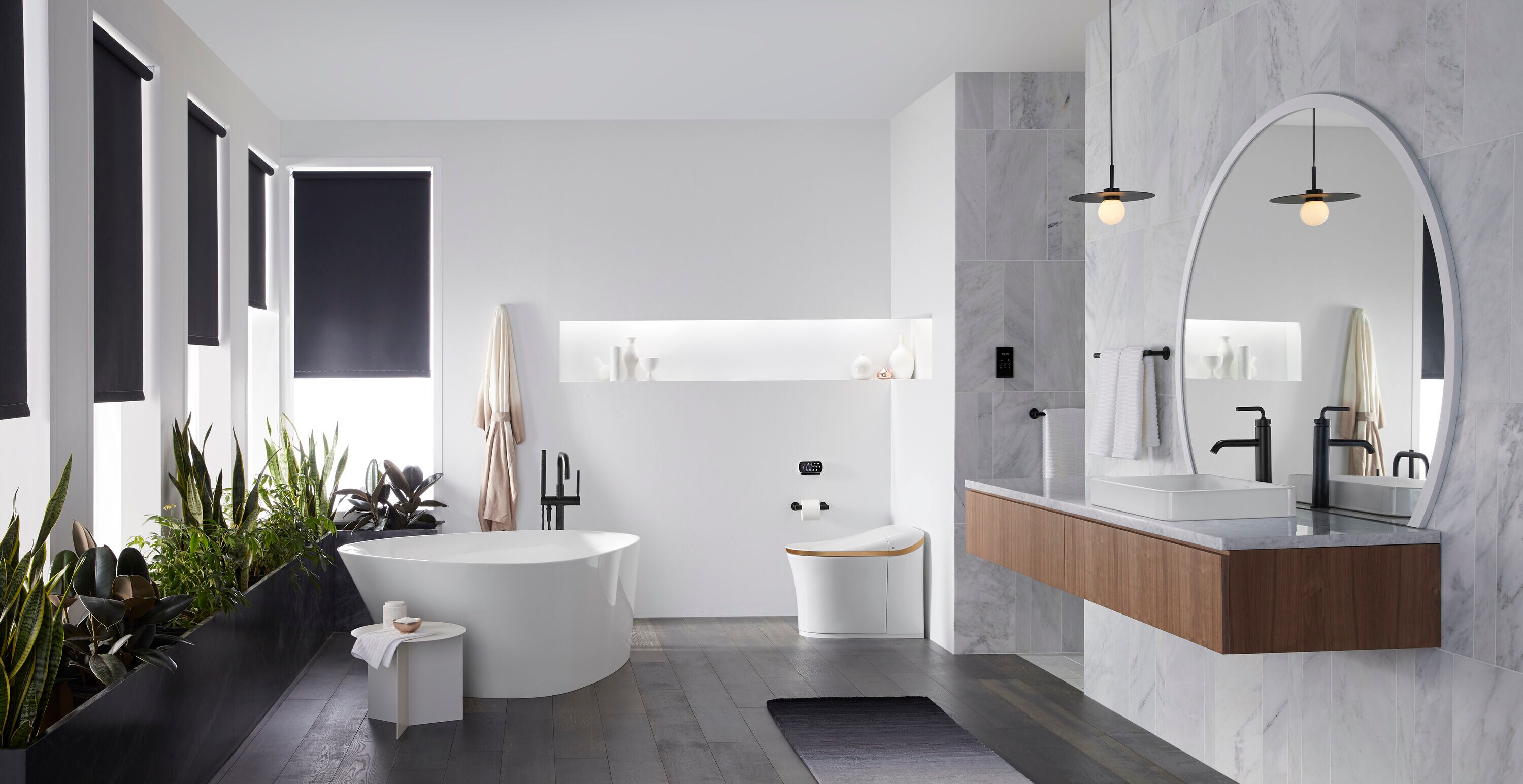 Matte Black Modern Floor-Mount Bath Filler with Handshower