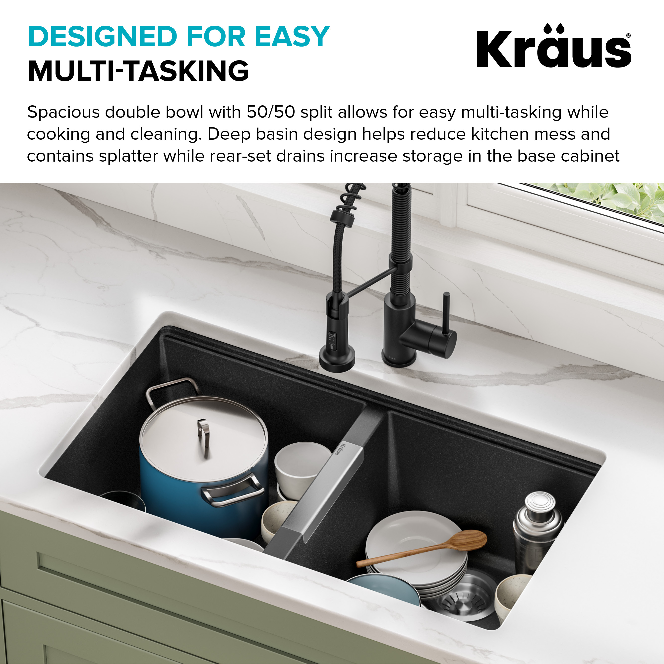 KRAUS 33 inch L Undermount 50/50 Double Bowl Black Onyx Granite Kitchen Sink