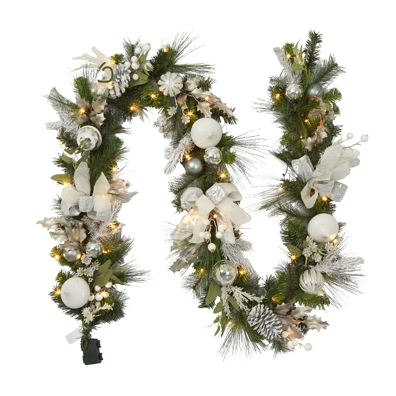 Garvee - 9 Ft Prelit Christmas Garland for Mantle Battery Operated Xmas Garland with Lights Ball ...