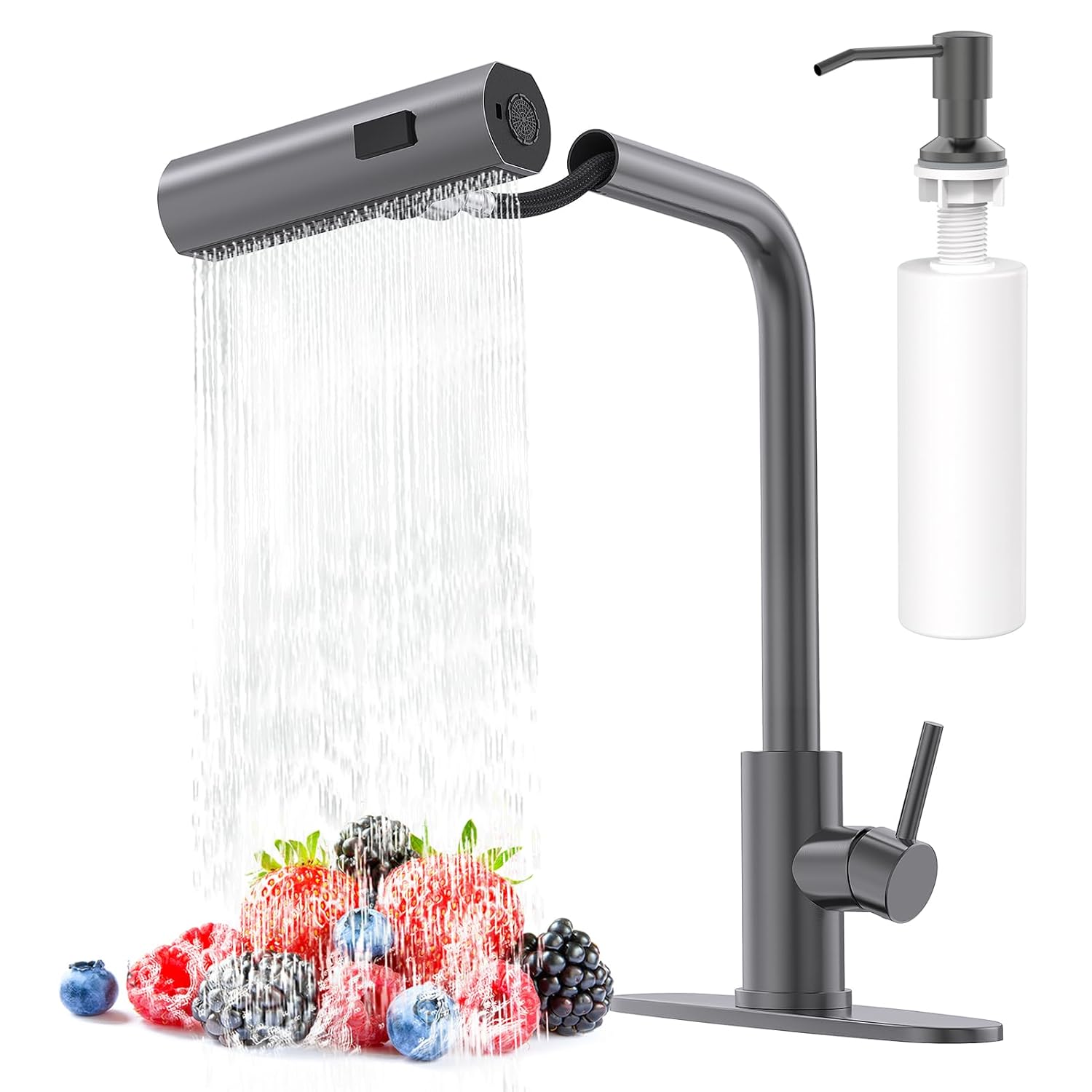 AVSIILE Single Handle Pull-Down Kitchen Faucet with Soap Dispenser - 3-Spray Modes Waterfall Stream Sweep - Single Hole Mount - 304 Stainless Steel - Fits Farmhouse Bar Laundry RV Camper Sinks