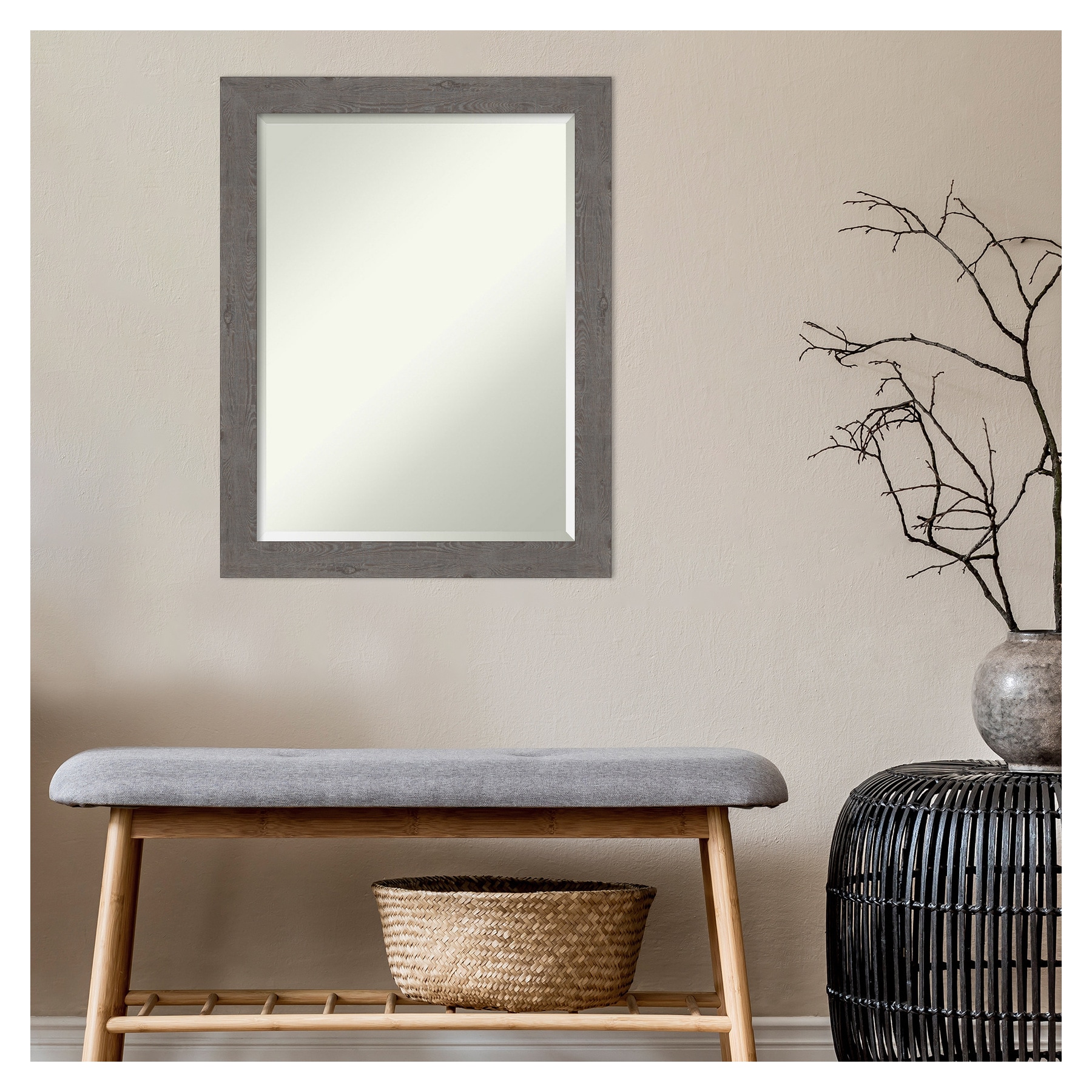 Rustic Plank Grey Rectangular Wood-Textured Bathroom Mirror - 21.38 x 27.38 in