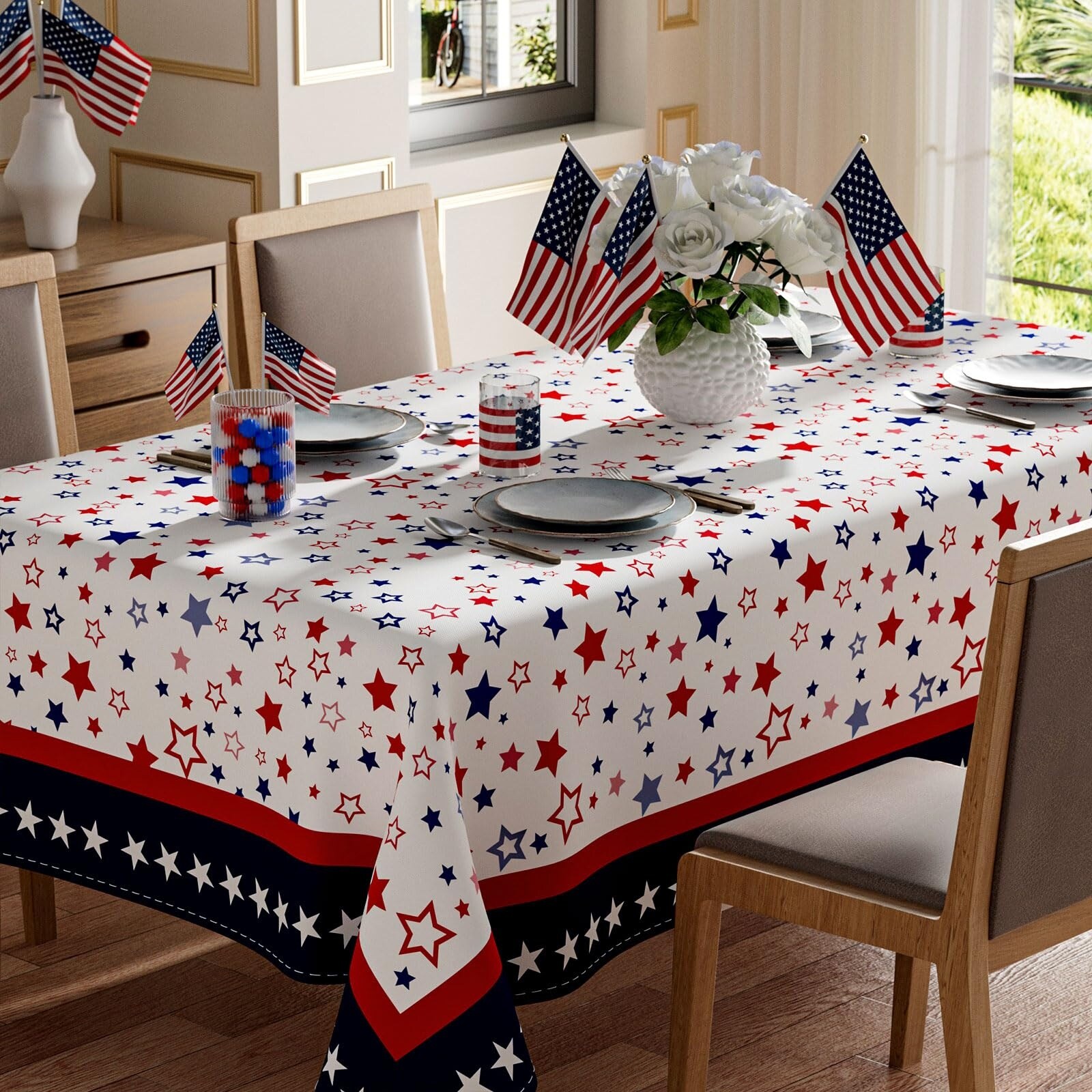 Anqtovp  Stars America Independence Day Patriotic Tablecloth Square Washable Table Cover for Home Party Memorial Day 60x60 Inch Durable Fabric