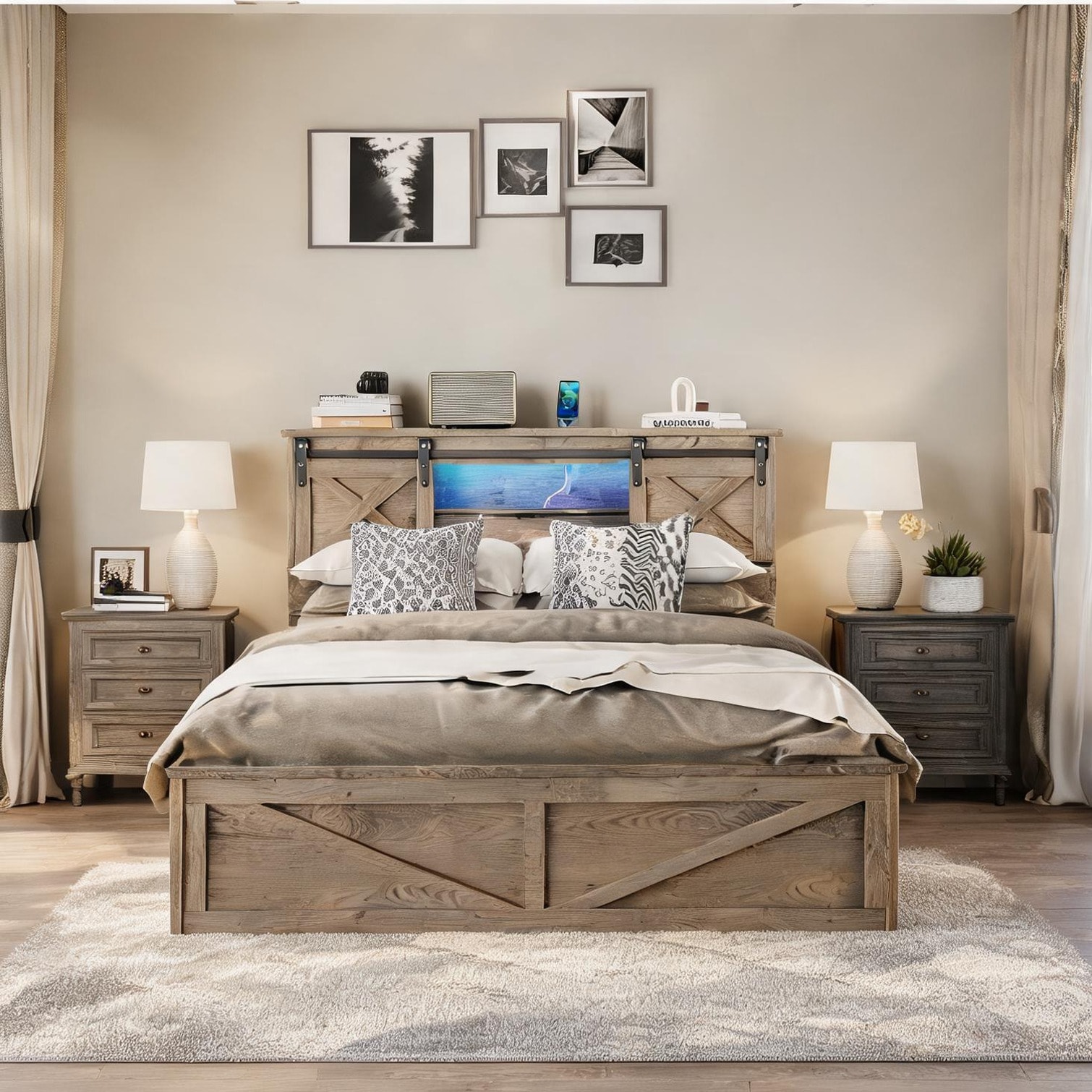 Naturefalls Queen Size Wood Platform Bed with Storage Drawers and Charging Station MDF and Metal Cool Gray 88.2 x 62 x 42.5 Inches