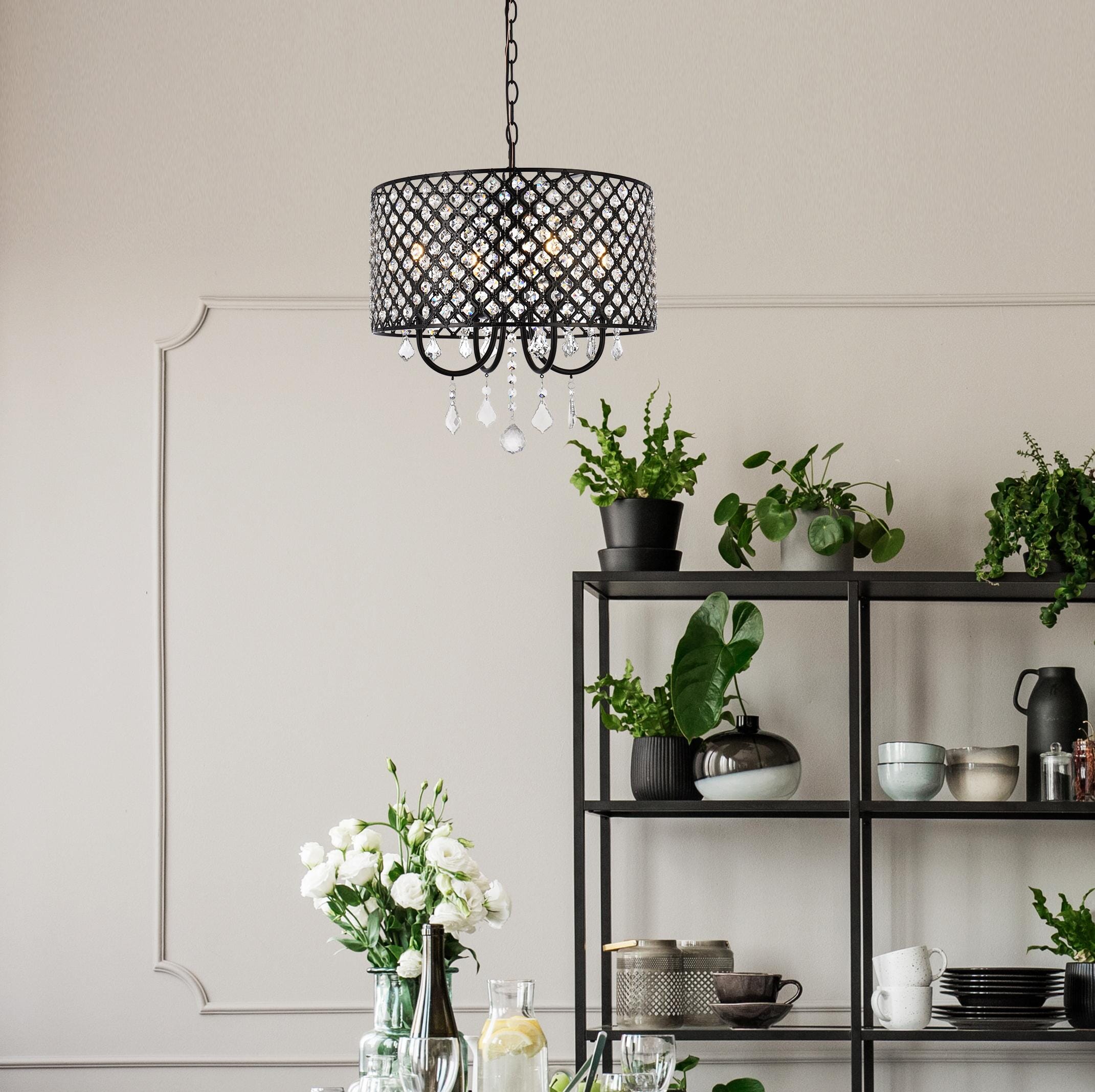 Elegant Crystal and Iron Black Drum Pendant with Lattice Shade