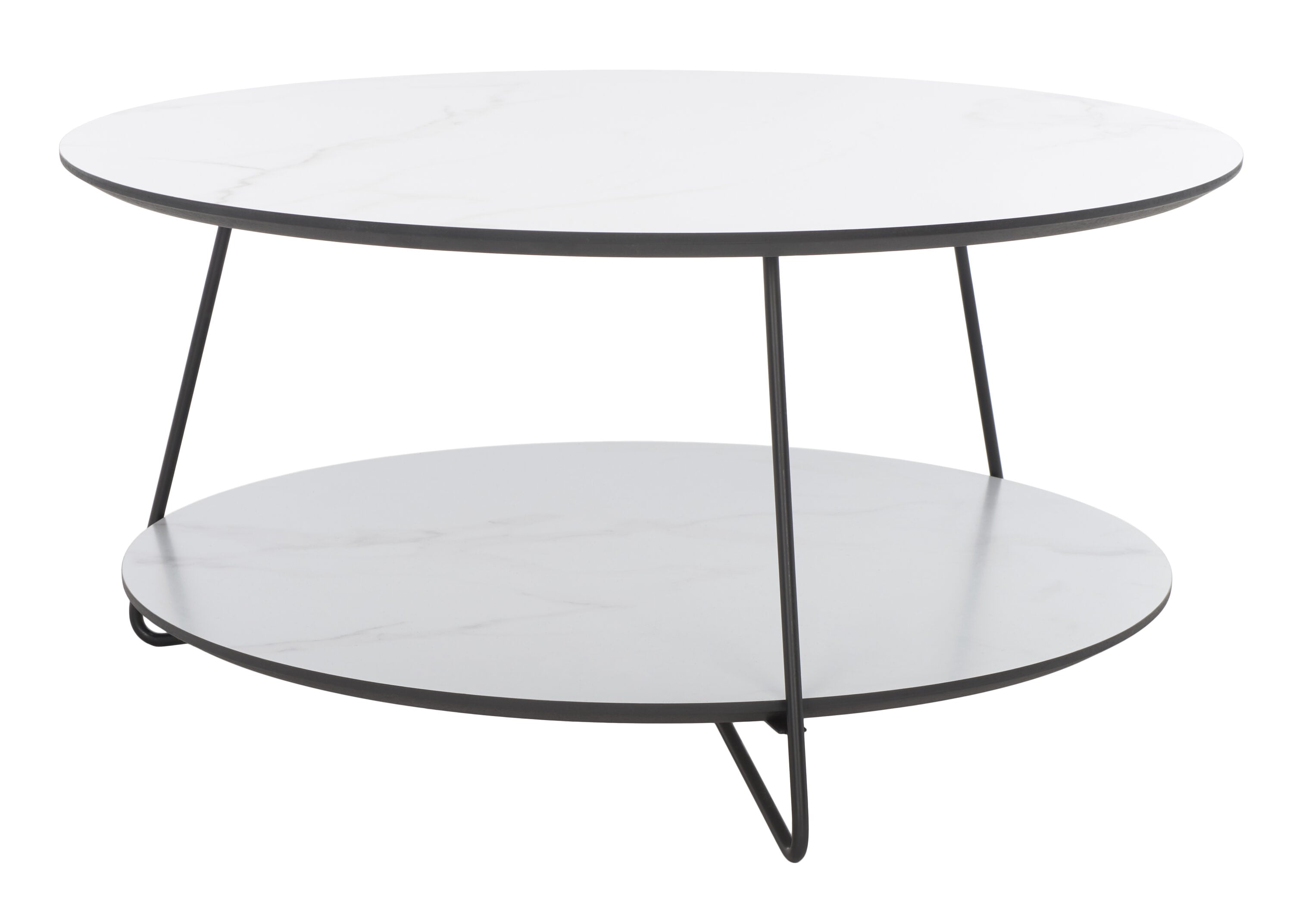 White Faux Marble Round Cocktail Table with Black Hairpin Legs