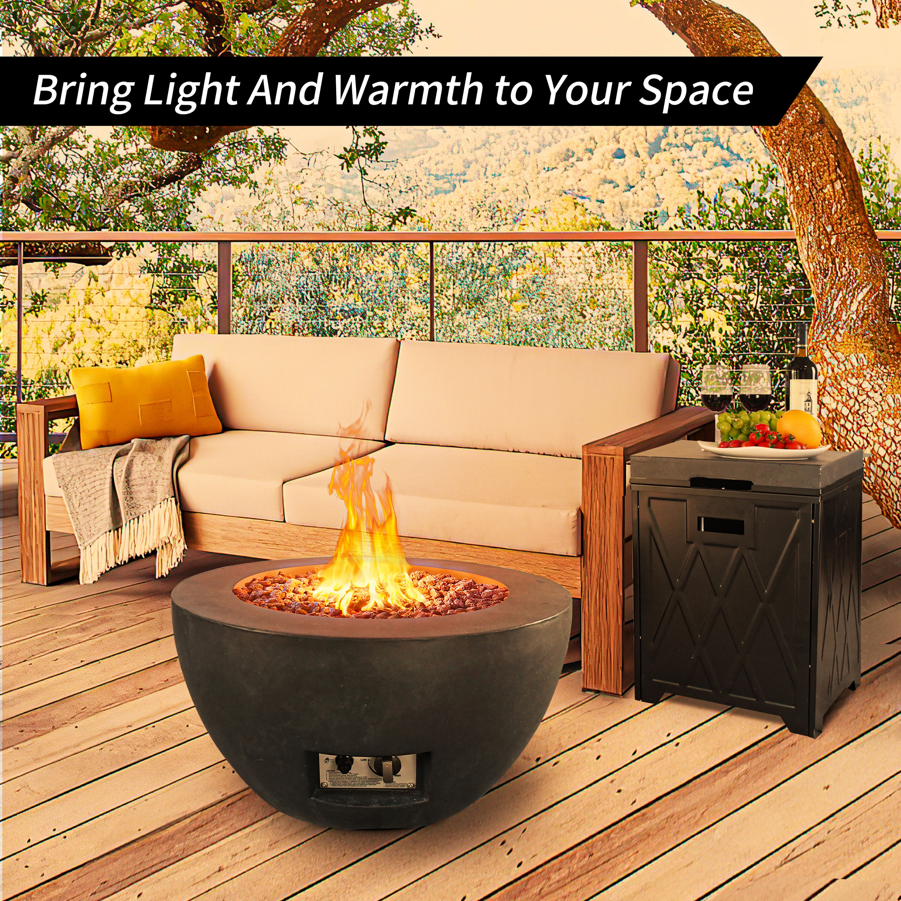 Modern 25" Round Concrete Propane Gas Fire Pit Table in Black