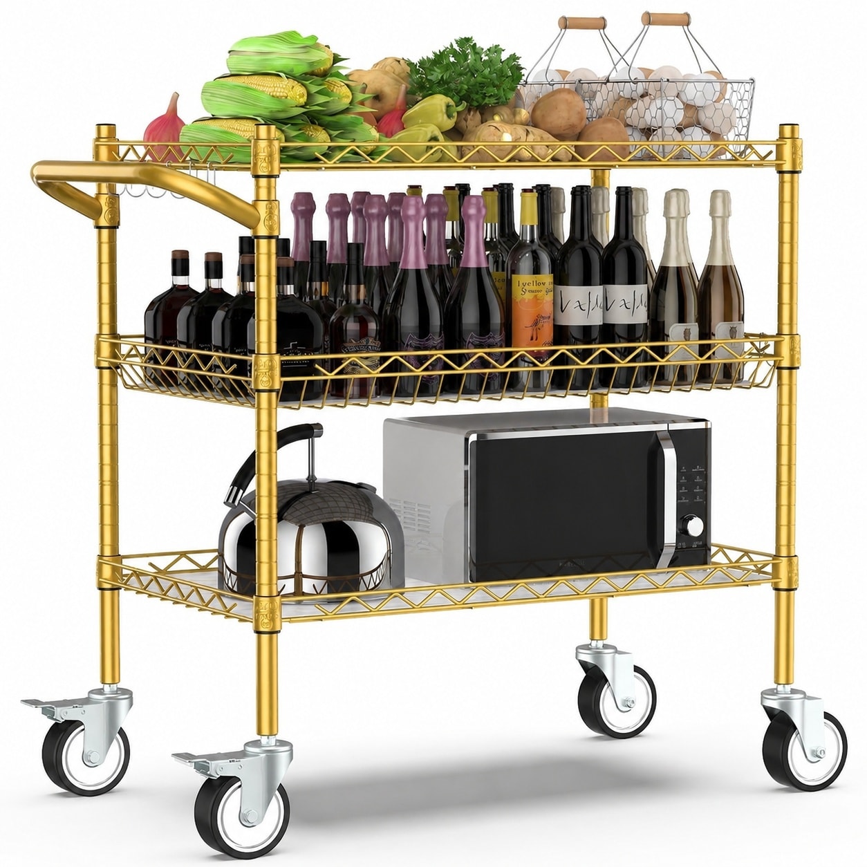 Vrbgify  3 Tier Rolling Utility Cart with Wheels Adjustable Metal Shelves Handle Shelf Liners S Hooks for Kitchen Restaurant Garage Gold