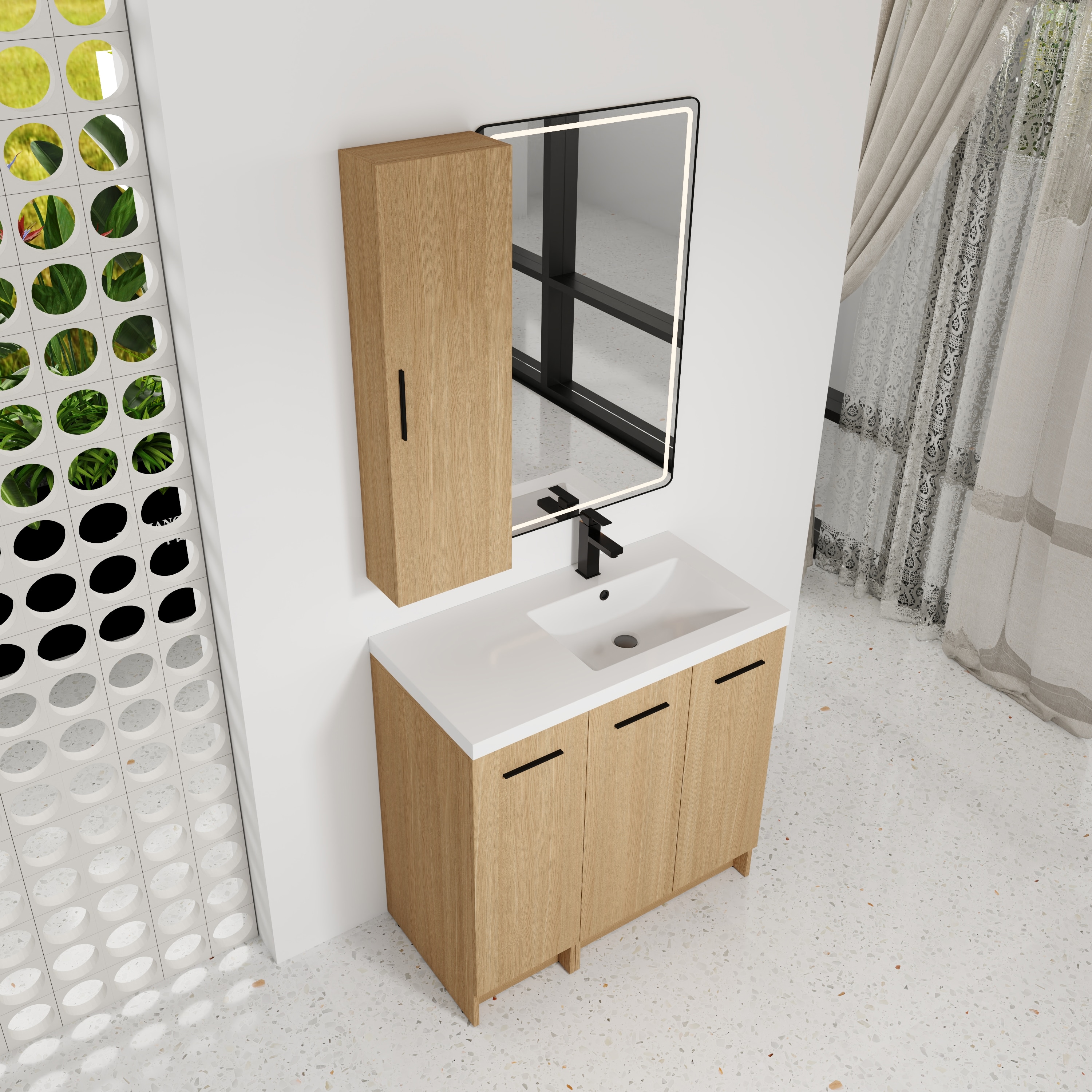 ZAKLOOP 35.43x35.24x18.11 Glossy White Light Oak Plywood Wall-mount Soft Close Linen Cabinet