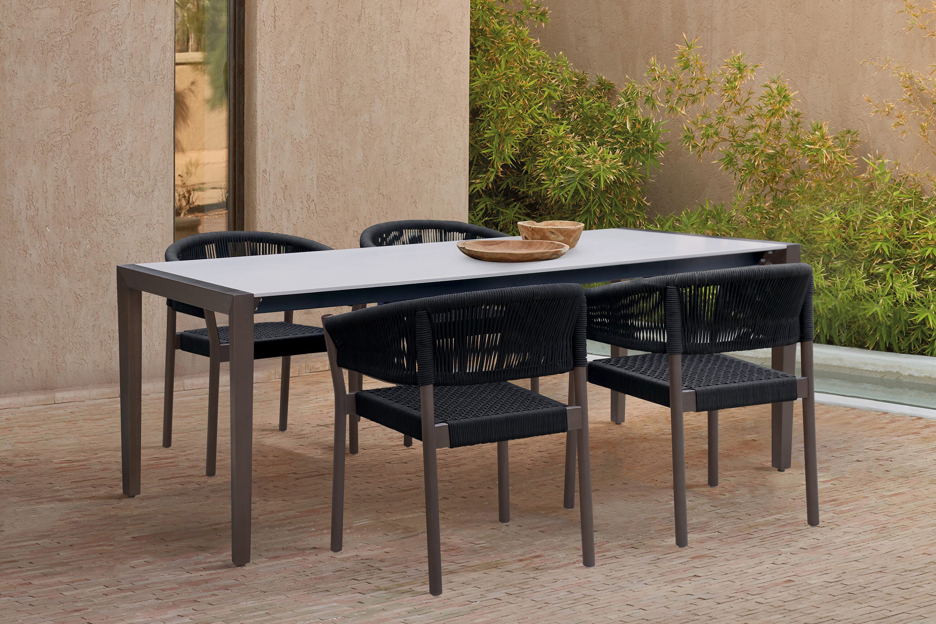 Dark Eucalyptus and Black Rope Arm Dining Chairs with Cushions