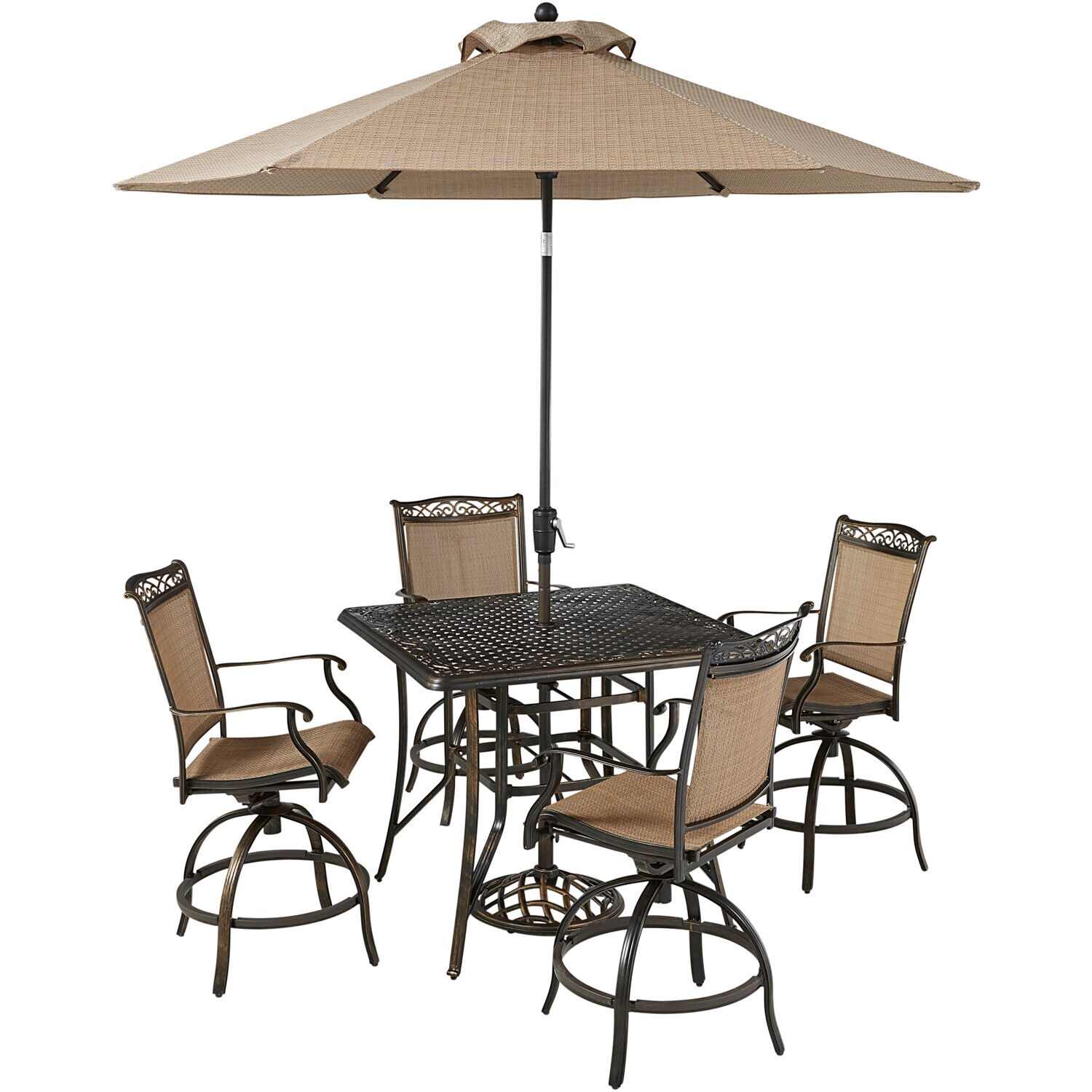 Hanover FNTDN5PCPSQBR-SU Fontana 5 -Piece Brown Patio Dining Set Aluminum Square Table with 4 Tan Swivel rocker Chairs and Umbrella Included