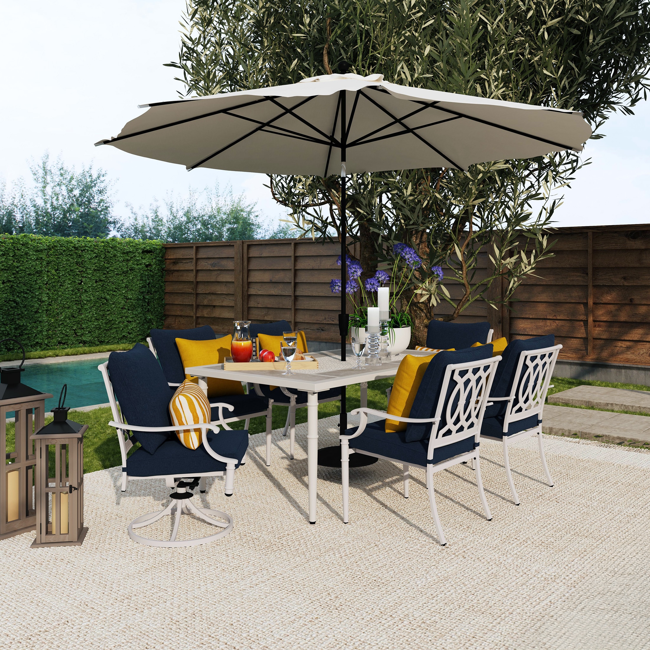 allen + roth LOS23006-2 Thomas Lake 7 -Piece White Patio Dining Set Steel Rectangle Table with 6 Navy Cushions Stationary and Motion Chairs