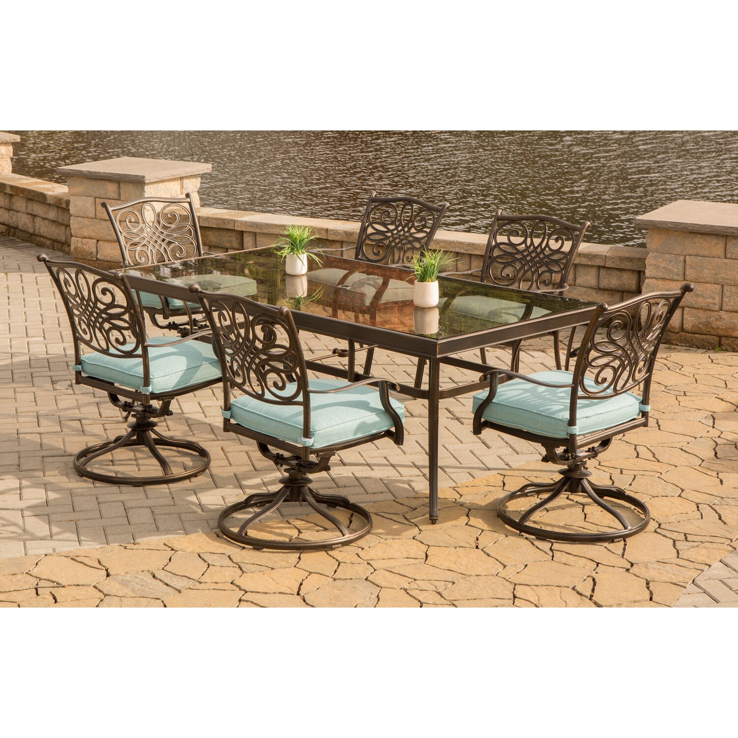 Traditions 7-Piece Blue Aluminum Dining Set with Glass-Top Table