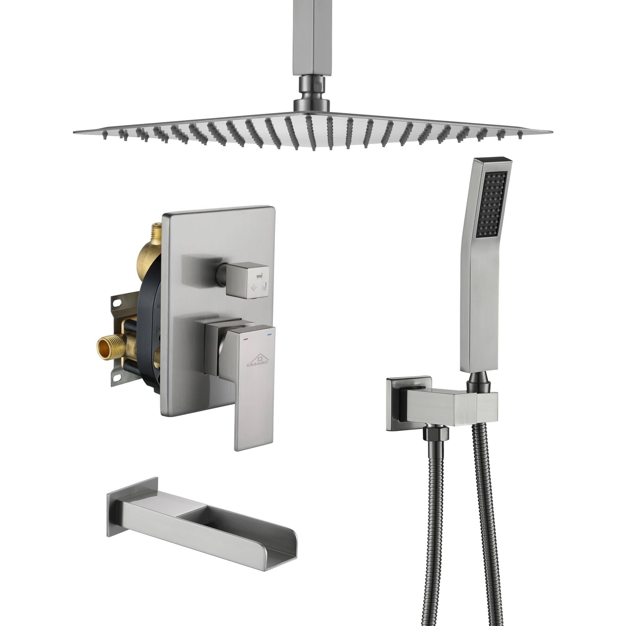 Clihome CHMS-10ORB-A3809 Brushed Nickel 12-in Waterfall Dual Head Built-In Shower Faucet System with 3-way Diverter ( Pressure-balanced Valve Included )