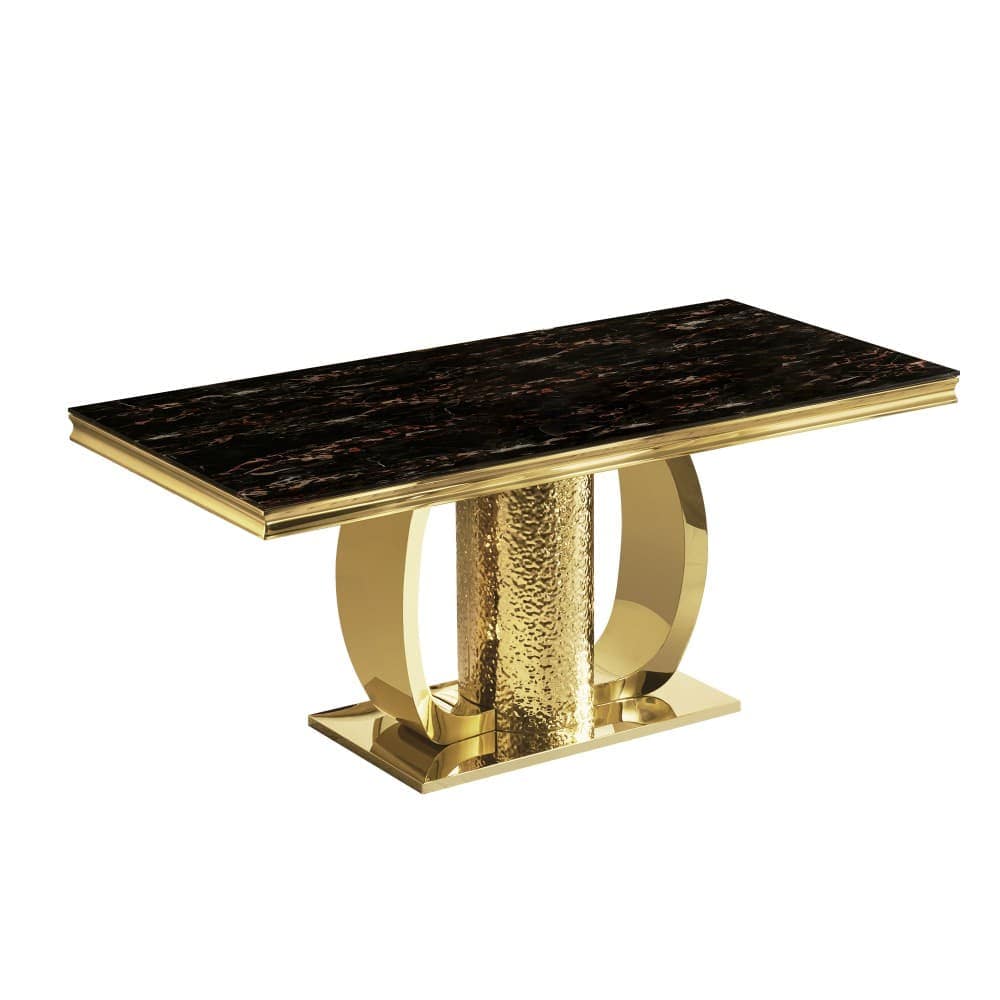 Coolbibila ERNEST-TABLE-GOLD 70 Inch Rectangular Modern Black Glass Dining Table with Gold Stainless Steel Legs for Dining Room