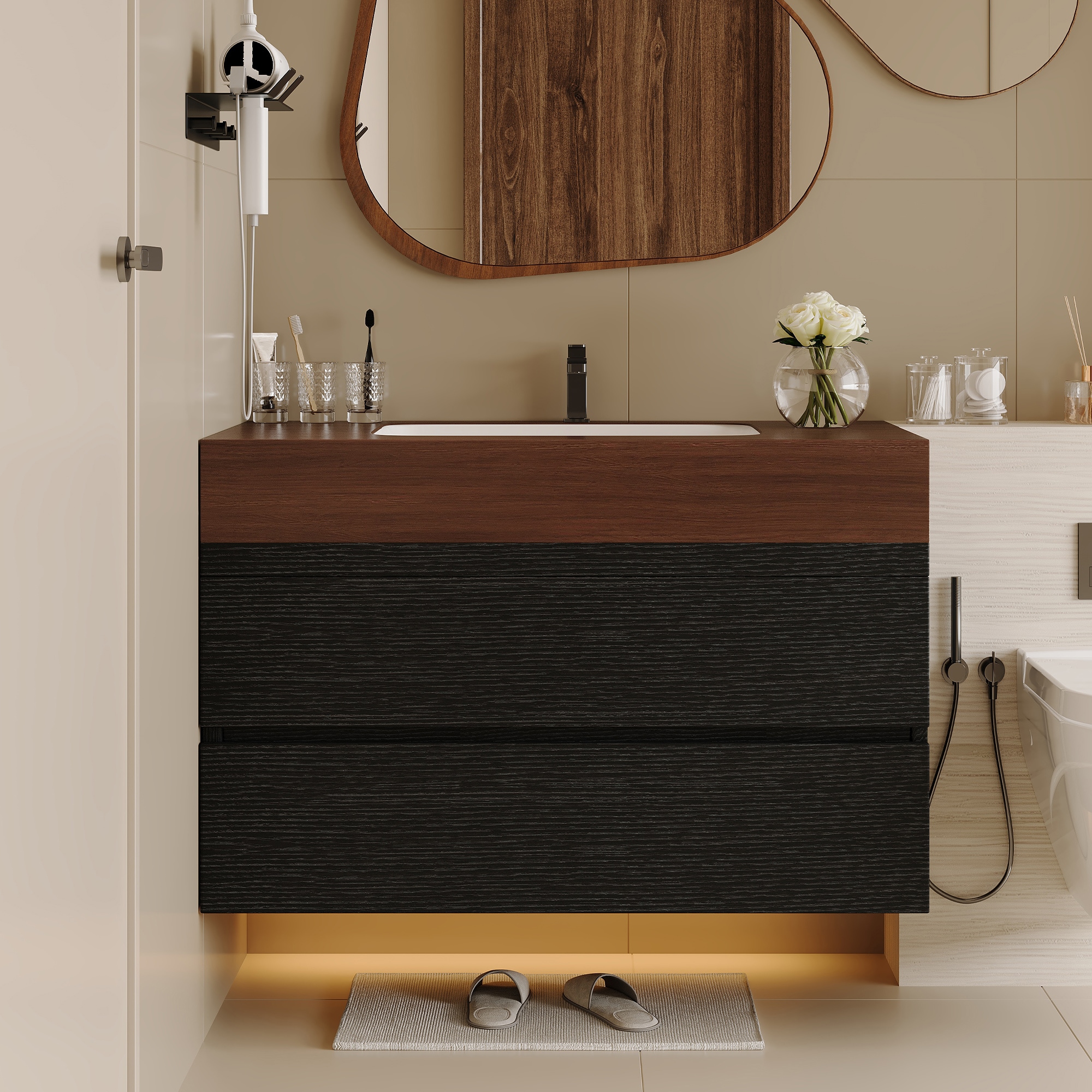 GDFStudio Modern 29.9 in Floating Bathroom Vanity with Faux Marble Top and Ceramic Undermount Sink Soft Close Drawers - Walnut Sink+Black Cabinet