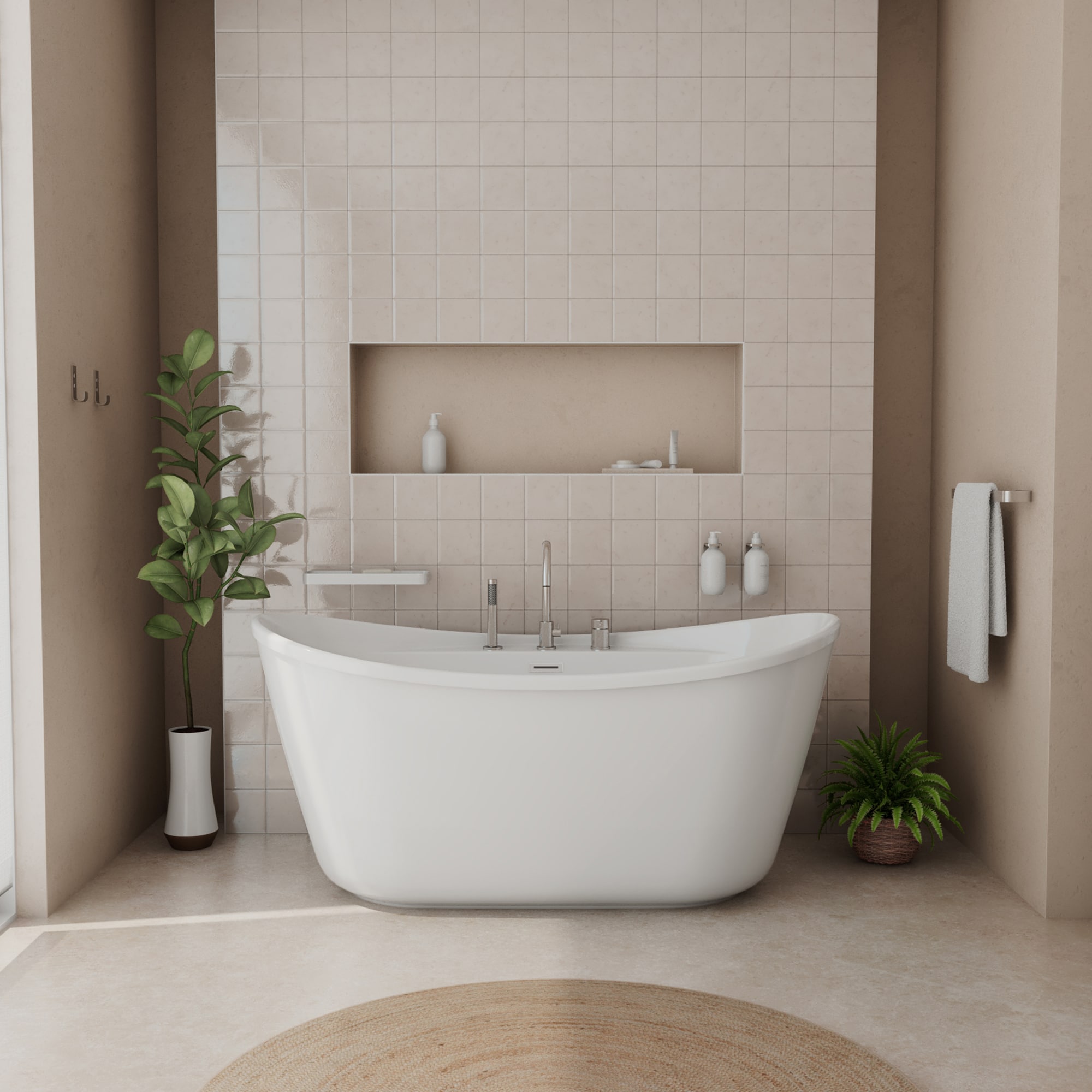 MAAX 106843-000-002-103 Suna 32-in x 58-in Brushed Nickel Acrylic Round Freestanding Soaking bathtub with Faucet Hand Shower with Drain ( Center Drain )