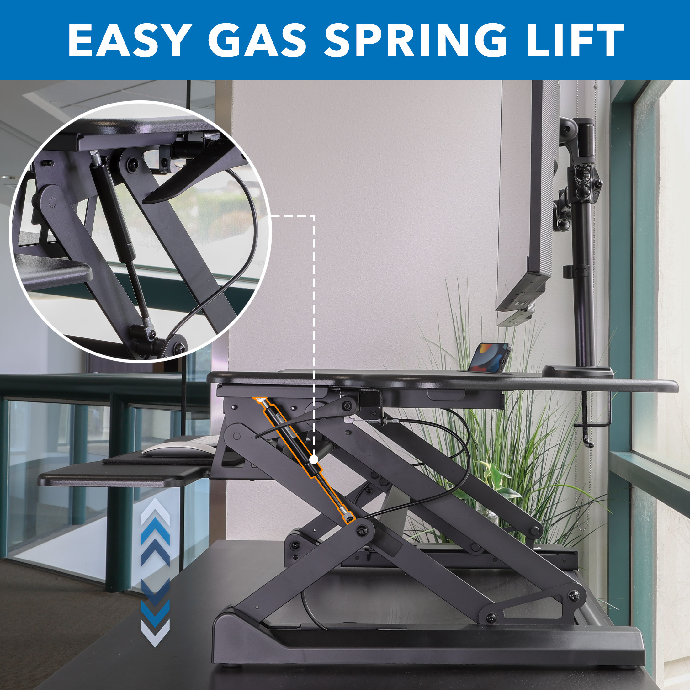 Black Adjustable Dual Monitor Standing Desk Converter with Gas Spring
