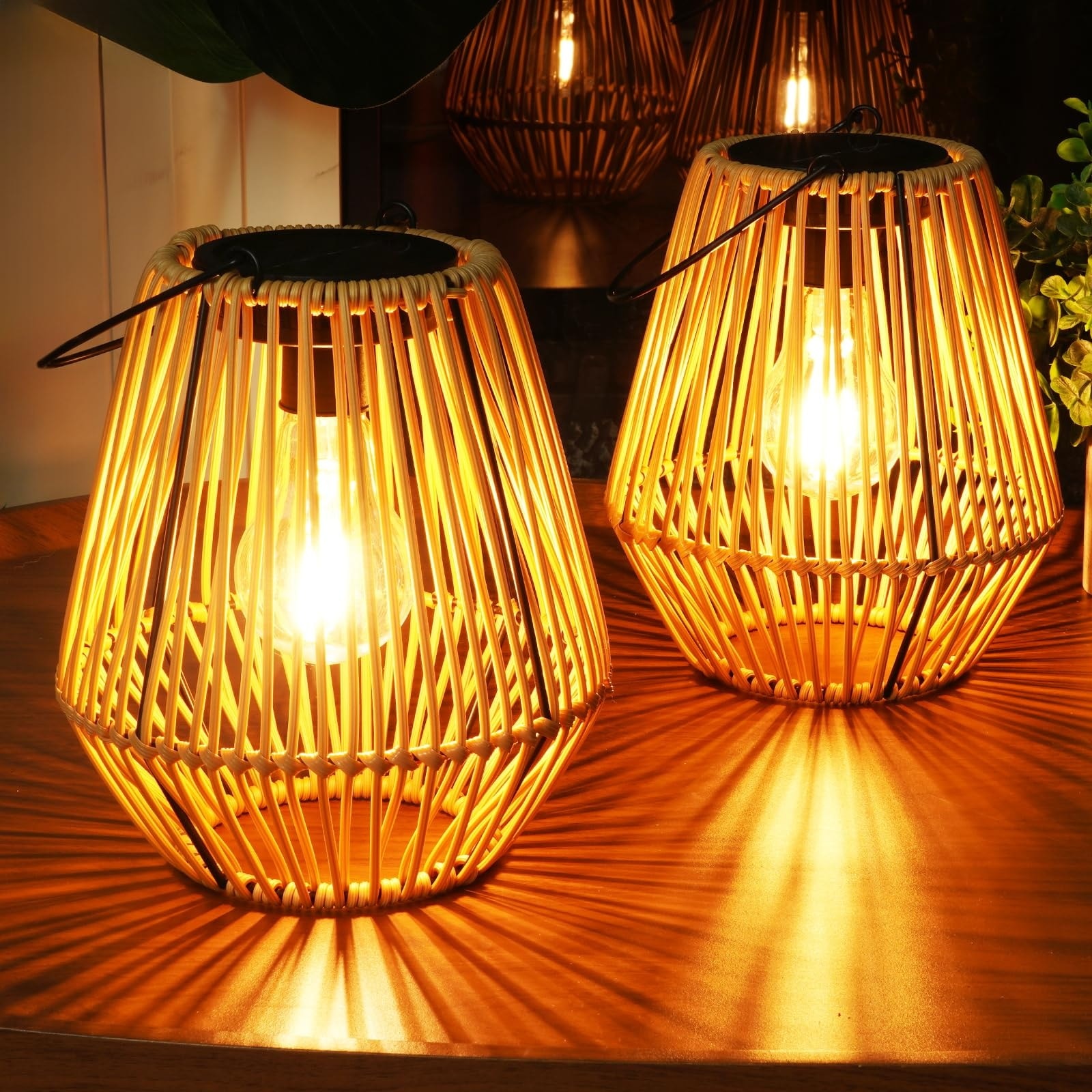 Justincity  Solar Rattan Lantern Outdoor Waterproof Hanging Light 2 Pack Solar Powered Warm LED Decorative Lamp for Garden Patio Yard Lawn Pathway