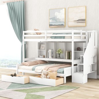 Yiekholo Twin Xl Over Full Bunk Bed With Stairs Wood Bunk Bed With Storage  Shelves, White In The Bunk Beds Department At Lowes.Com