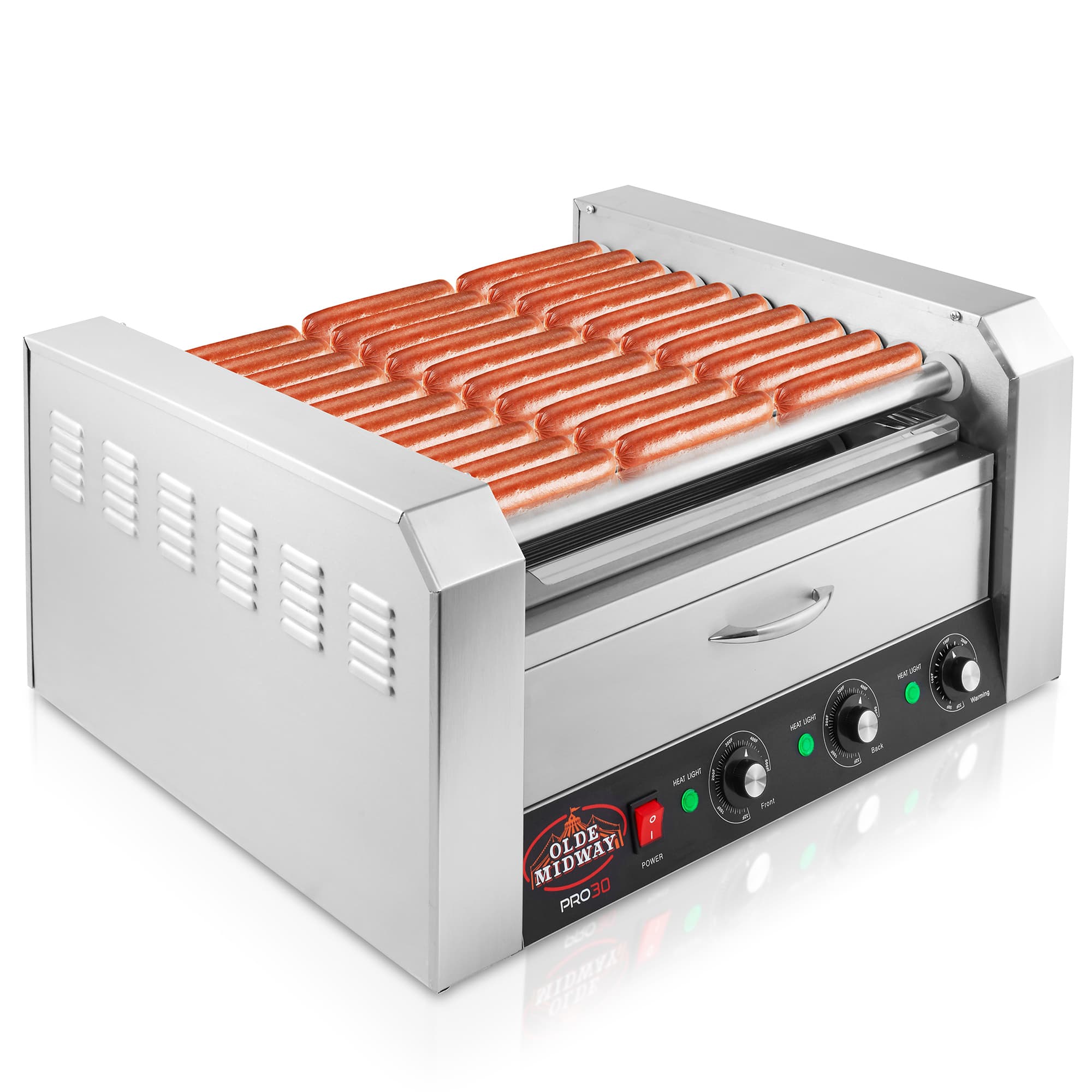 Olde Midway Electric 30 Hot Dog 11 Roller Grill Cooker Machine with Bun Warmer #CON-ROLL-PRO31-DRW