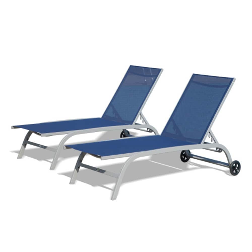 Zeus & Ruta BL03-PATIO-02 Set of 2 Woven Stackable Gray Aluminum Frame Stationary Chaise Lounge Chair with Blue Solid Seat