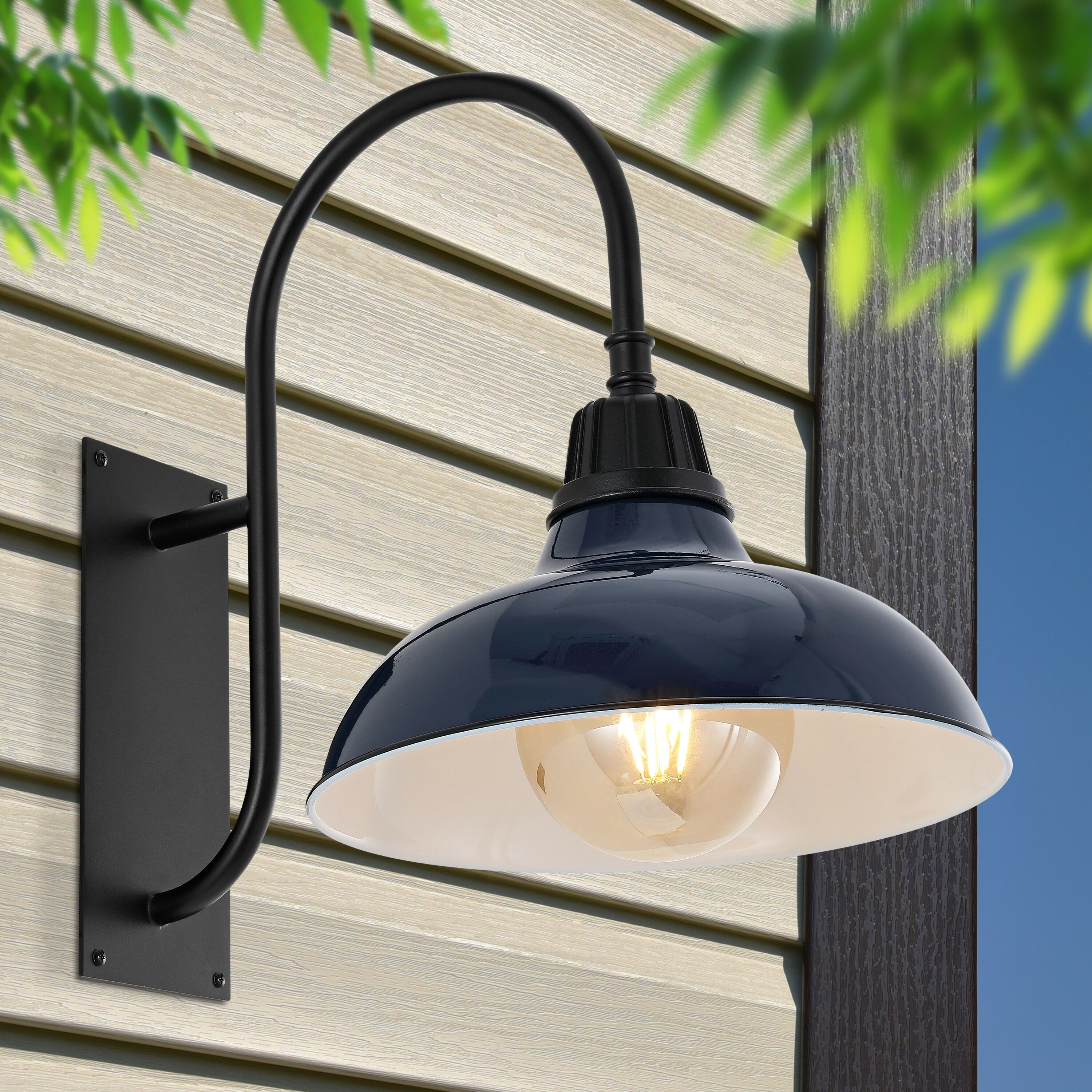 JONATHAN  Y JYL7614C Stanley Farmhouse Industrial Iron Gooseneck Arm 1 -Light 17-in H Polished Blue Hardwired Outdoor Wall Light