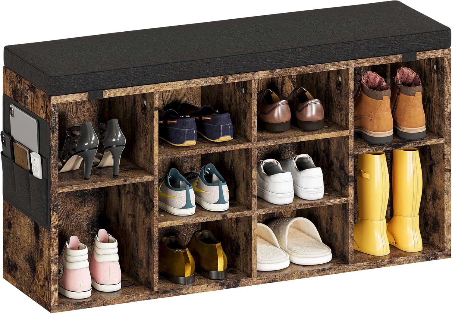 Qeetex LHF-DYQ-PHO-0VP5BVM1 Shoe Bench with Padded Seat 41 Shoe Storage Bench with Adjustable Shelves  Side Pockets  10 Cubes Storage Organizer for Entryway Porch  Mudroom