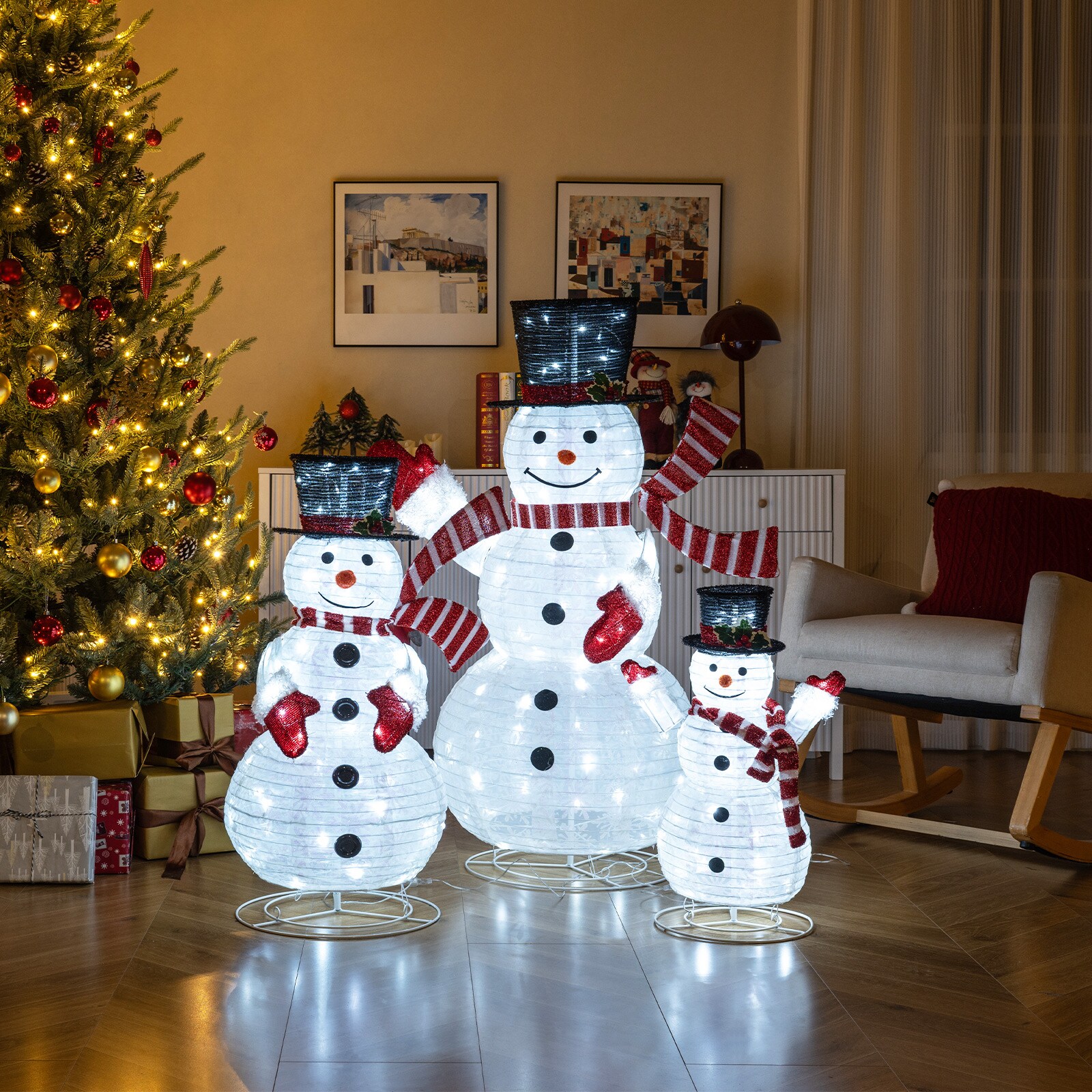 BABOOM 3 Piece Pre-Lit 3D Snowman Set with 270 LED Lights for