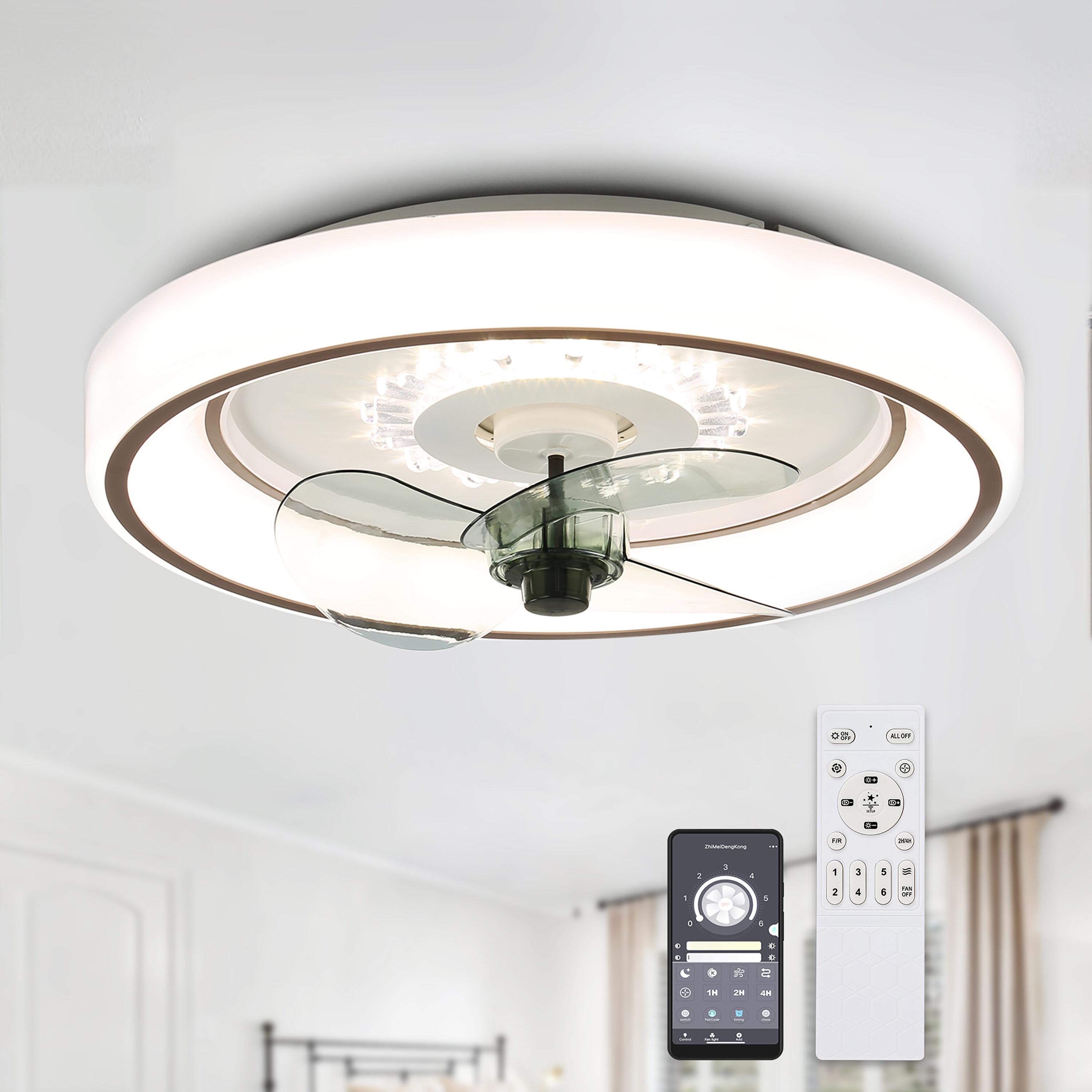 Cusp Barn DC2011 DC2011 19-in Color-Changing Integrated LED Flush Mount Smart White with Plastic Blades Ceiling Fan With Light - Remote Included ( 3 -Blade )