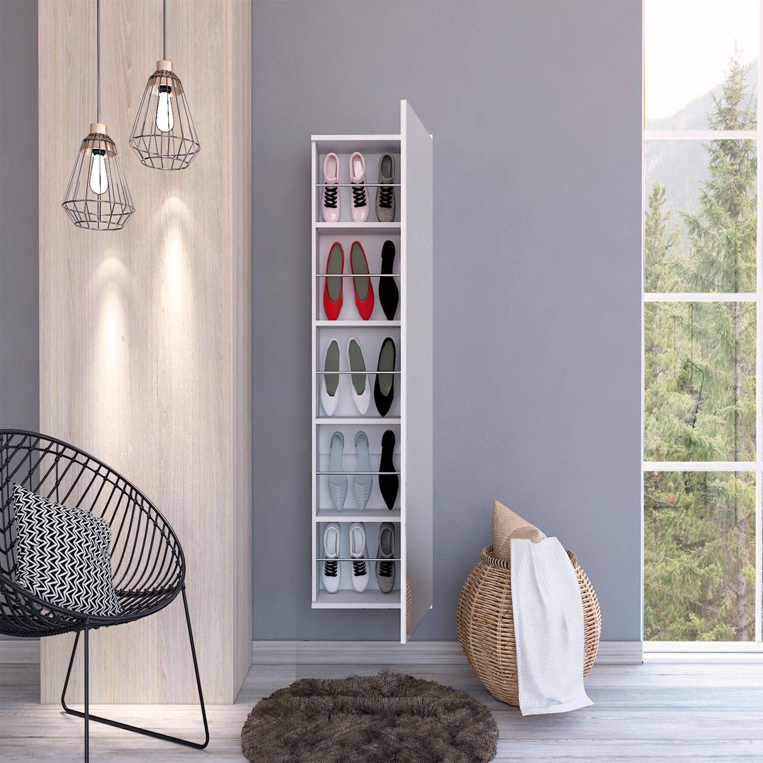 GlasFlength Storage Furniture Wall Mounted Shoe Rack Mirror Storage Solution for Entryway Hallway Home Gray