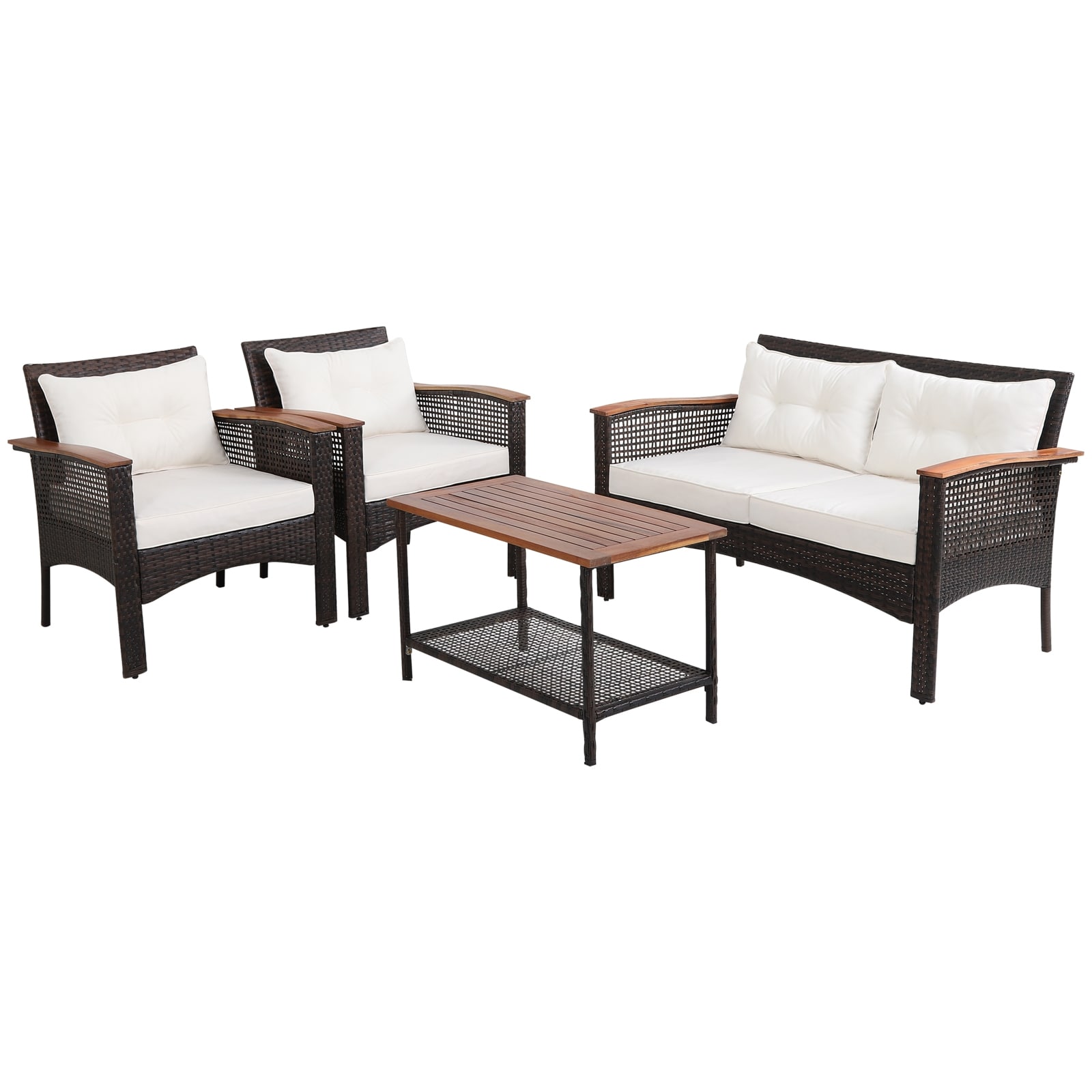 Forclover HYFE-69538 4-Piece Rattan 2 Patio Sofa Conversation Set with Off-white Cushions