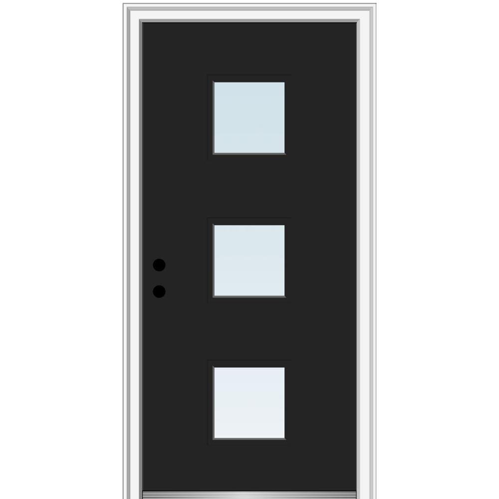 MMI DOOR ZZ348800R Spotlights 30-in x 80-in x 6-9/16-in Fiberglass Pulse lite Right-hand inswing Black Painted Prehung Front Door with Brickmould Insulating core