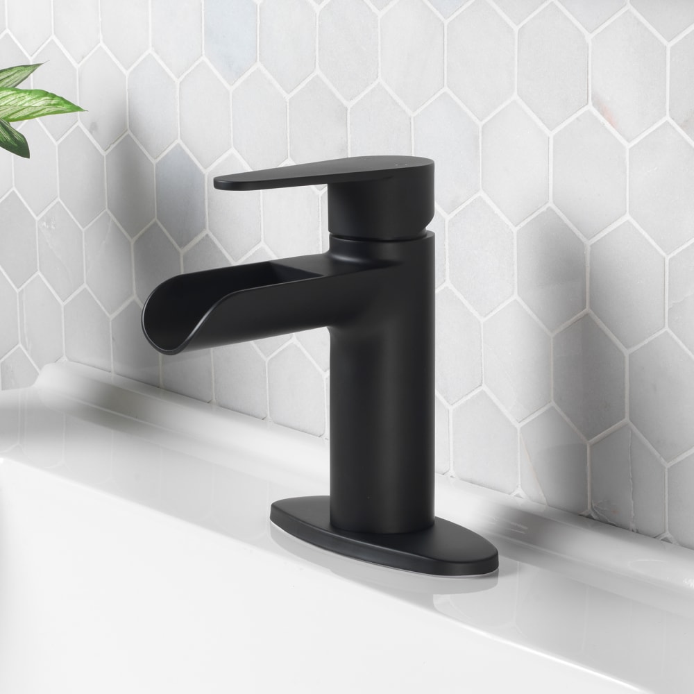 Project Source BPS-103-MB Haddington Matte Black Single hole 1-handle WaterSense Waterfall Residential Handle Bathroom Sink Faucet with Drain with Deck Plate