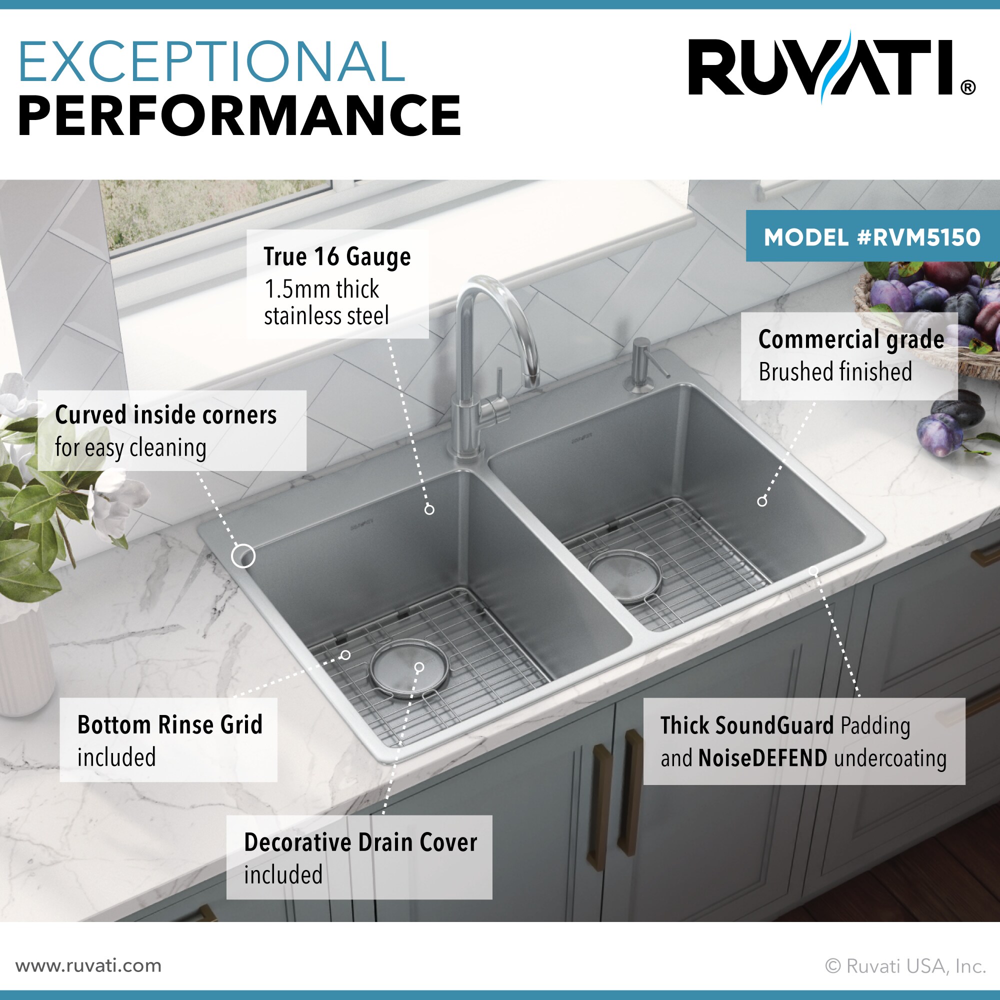 Ruvati Modena Drop-In 33-in x 22-in Brushed Stainless Steel Double ...