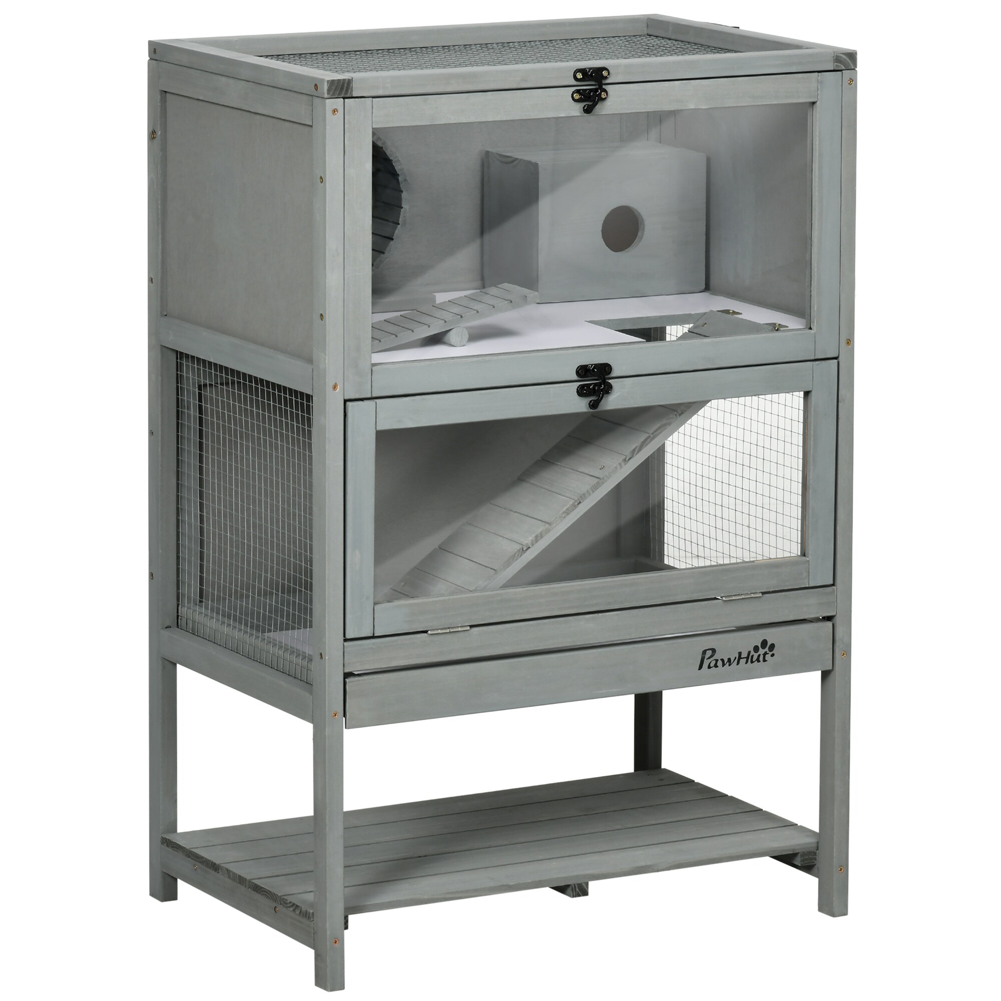 LOVMOR SF-H-W2225P229303 Wooden Hamster Cage with Storage Shelf Large Hamster Cage Including Seesaw Small Animal Cage with Sliding Tray Wide Ramp