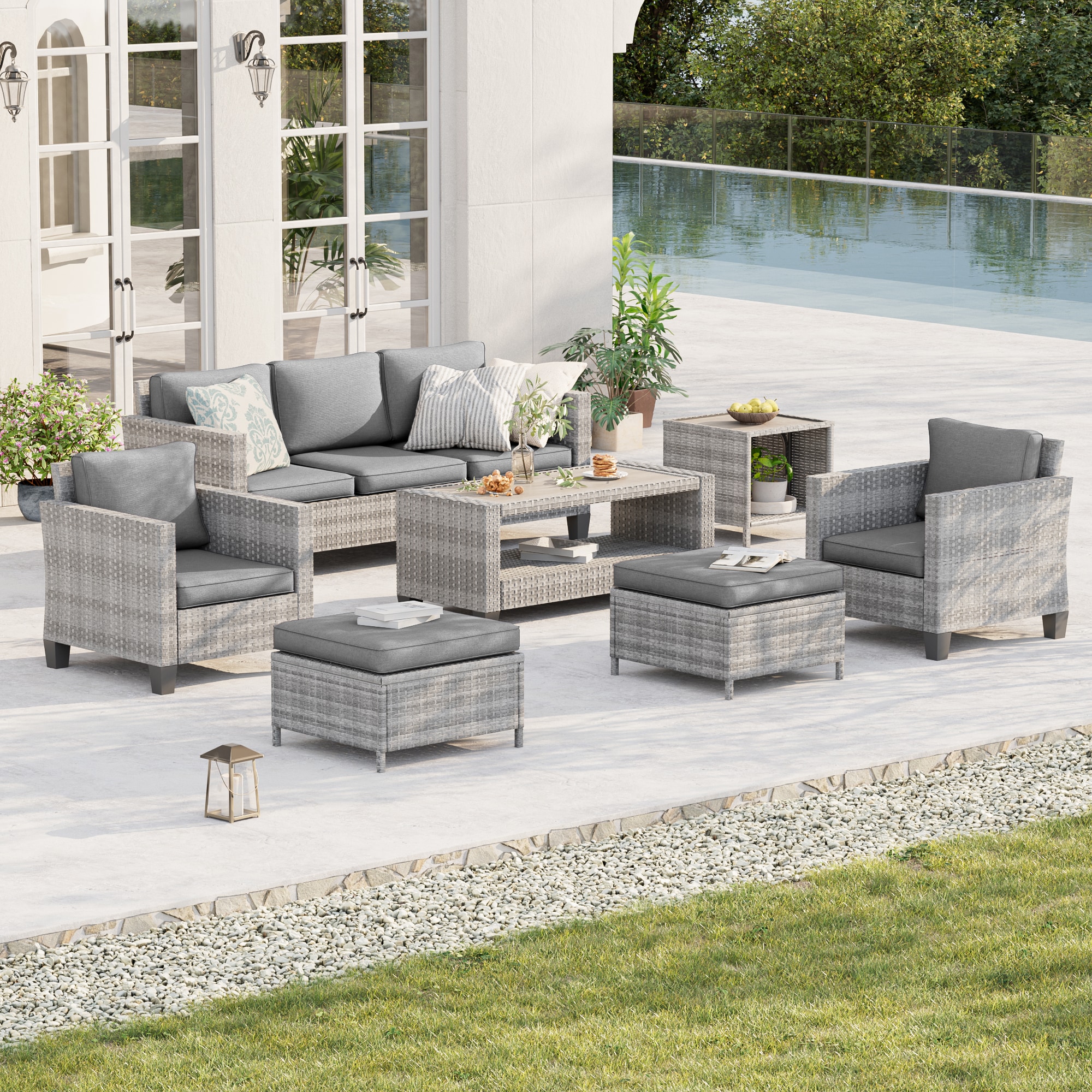ACEGOSES LW-115HGY-S1T3 7 -Piece Wicker Patio Sofa Conversation Set with Gray Cushions