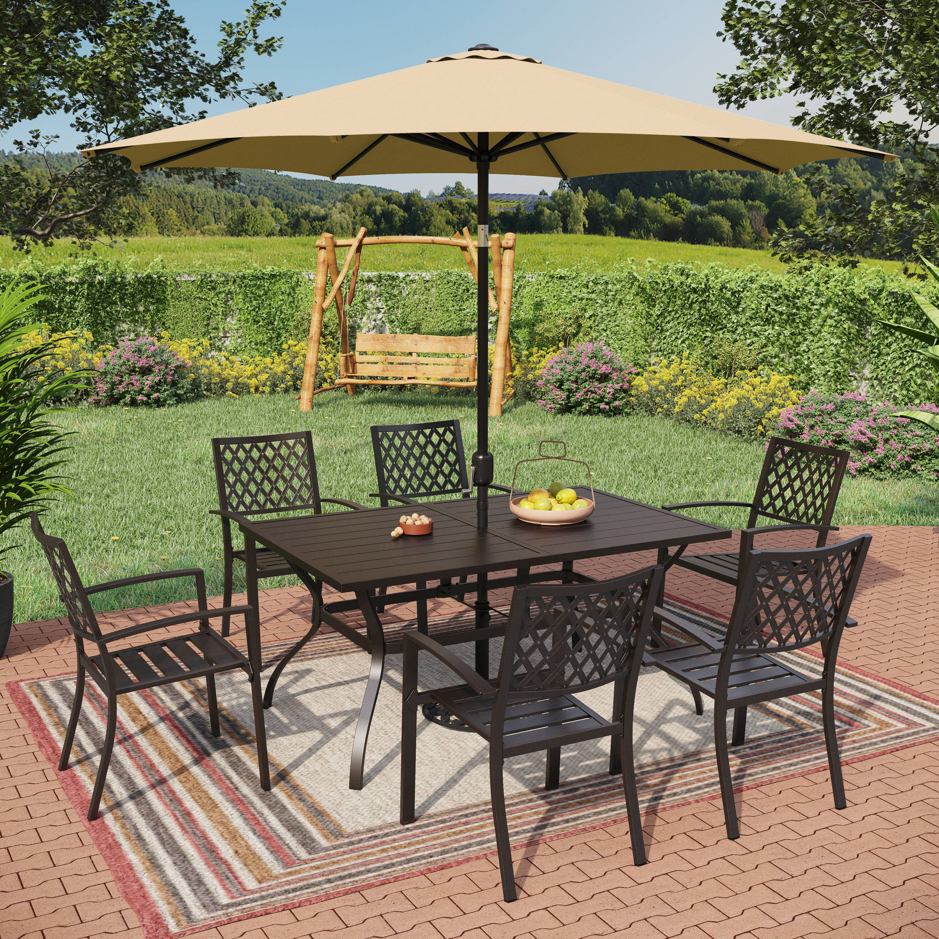 Sunshine Valley TC7-059-103 ALBANY 8 -Piece Black Patio Dining Set Steel Rectangle Table with 6 Stackable Stationary Chairs and Umbrella Included