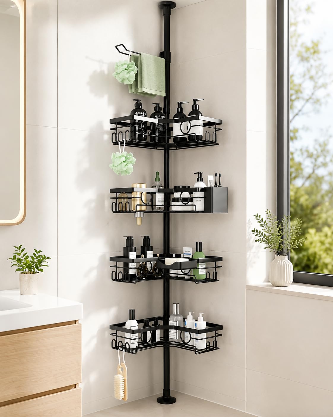 UUDULY Corner Shower Caddy Tension Pole 4 Tier Adjustable 31 to 128 Inch Rustproof Bathroom Shelf with Soap Holder and Hooks Black #LUU0824U0059