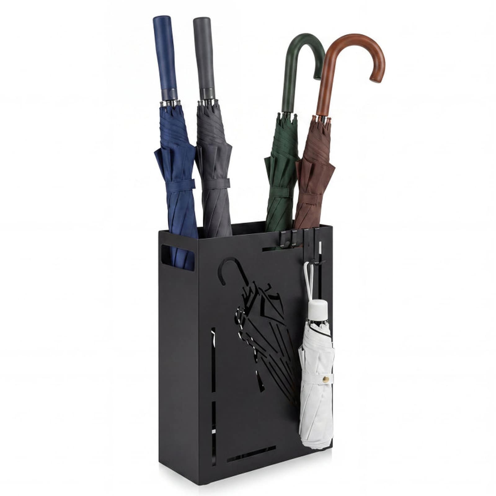 SUGIFT Umbrella Stand for Entryway Rectangular Metal Umbrella Holder with Removable Drip Tray and 4 Hooks Holds 10 Umbrellas No Assembly - Black