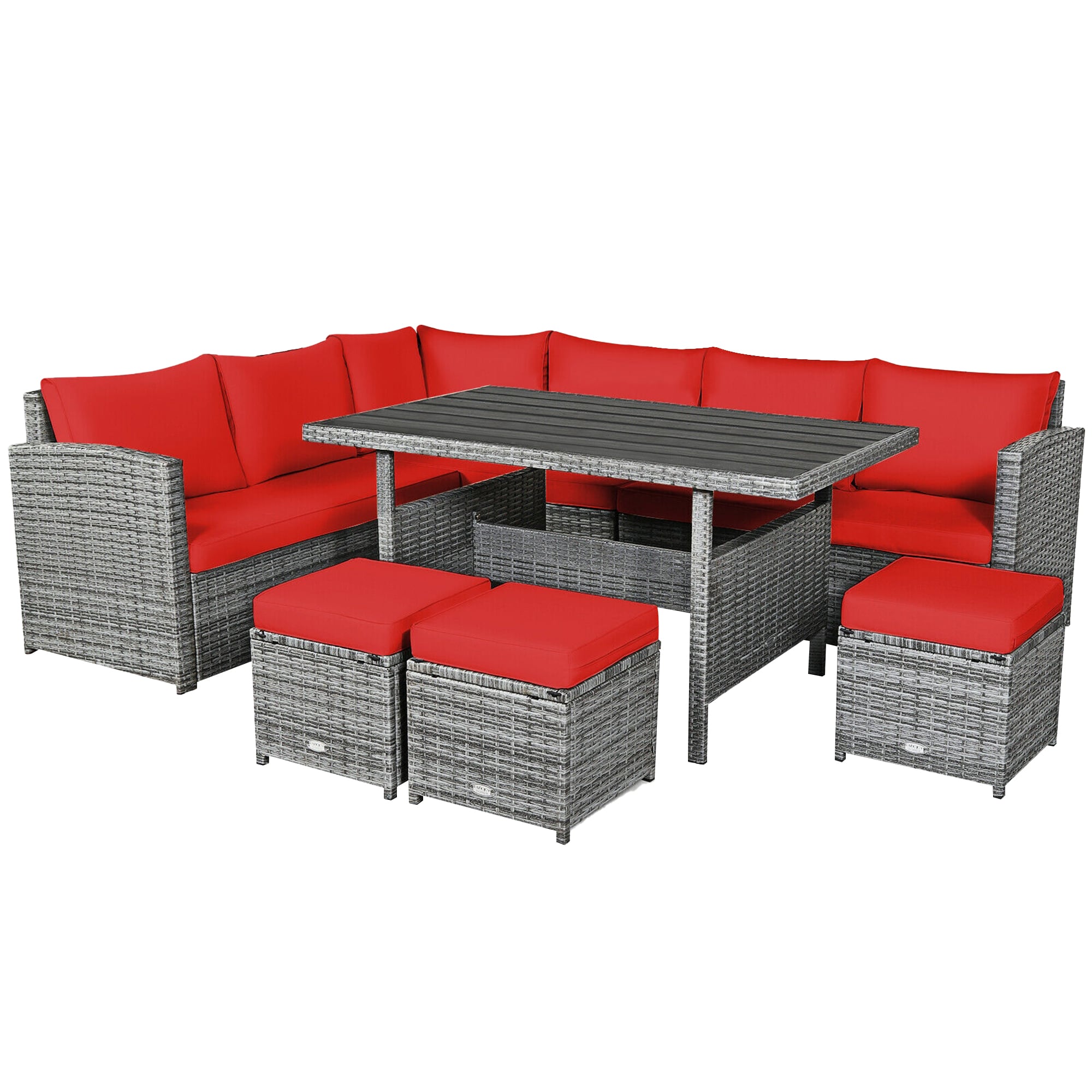 WELLFOR OUJ67190CRE+ 7 -Piece Rattan Patio Conversation Set with Red Cushions