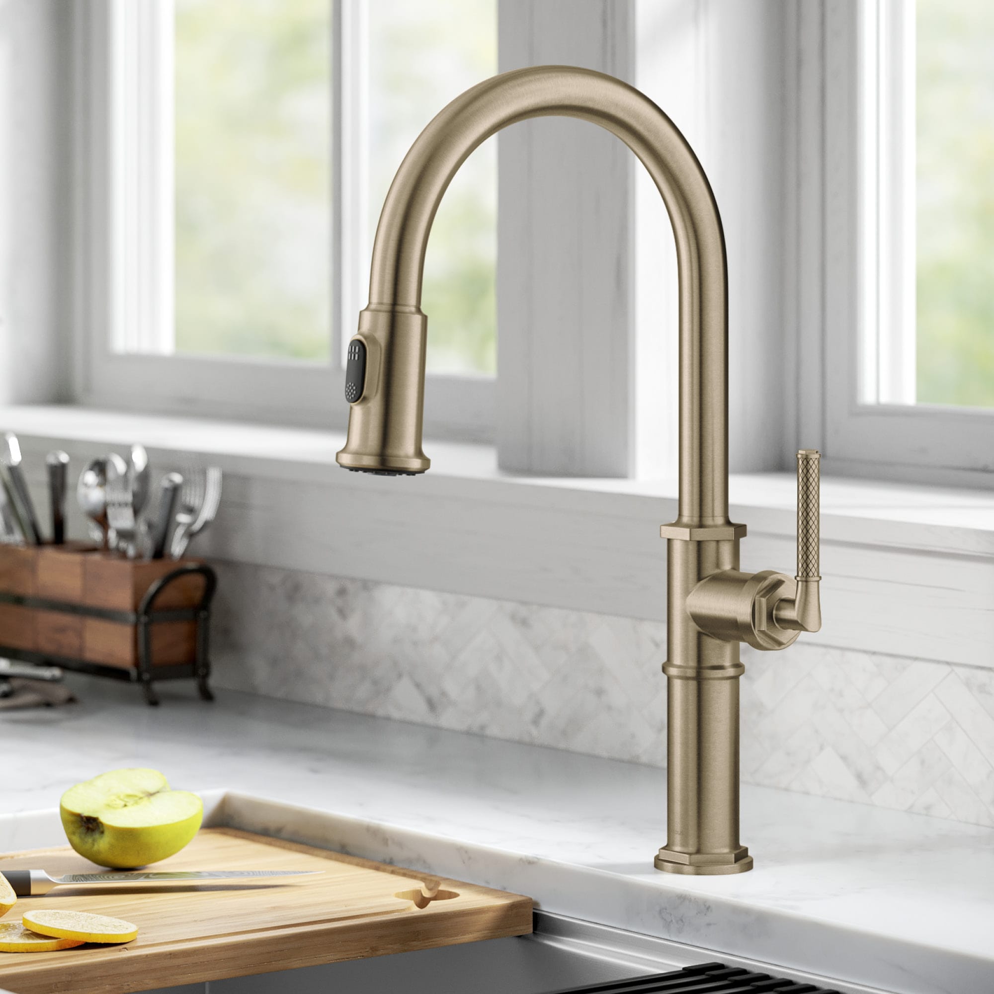 Kraus Allyn Brushed Gold Single Handle Kitchen Faucet with Sprayer KPF ...