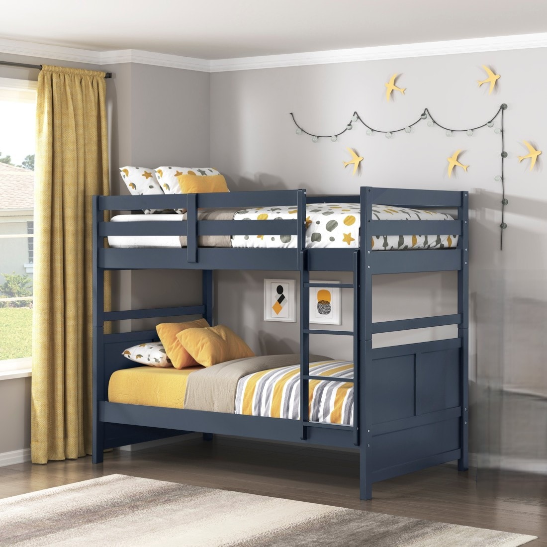 CHITA Bunk Bed Twin Over Twin Navy Blue Finish Sturdy Wood Frame Guard Rails Youth Bedroom Furniture 1pc Twin- on- Top