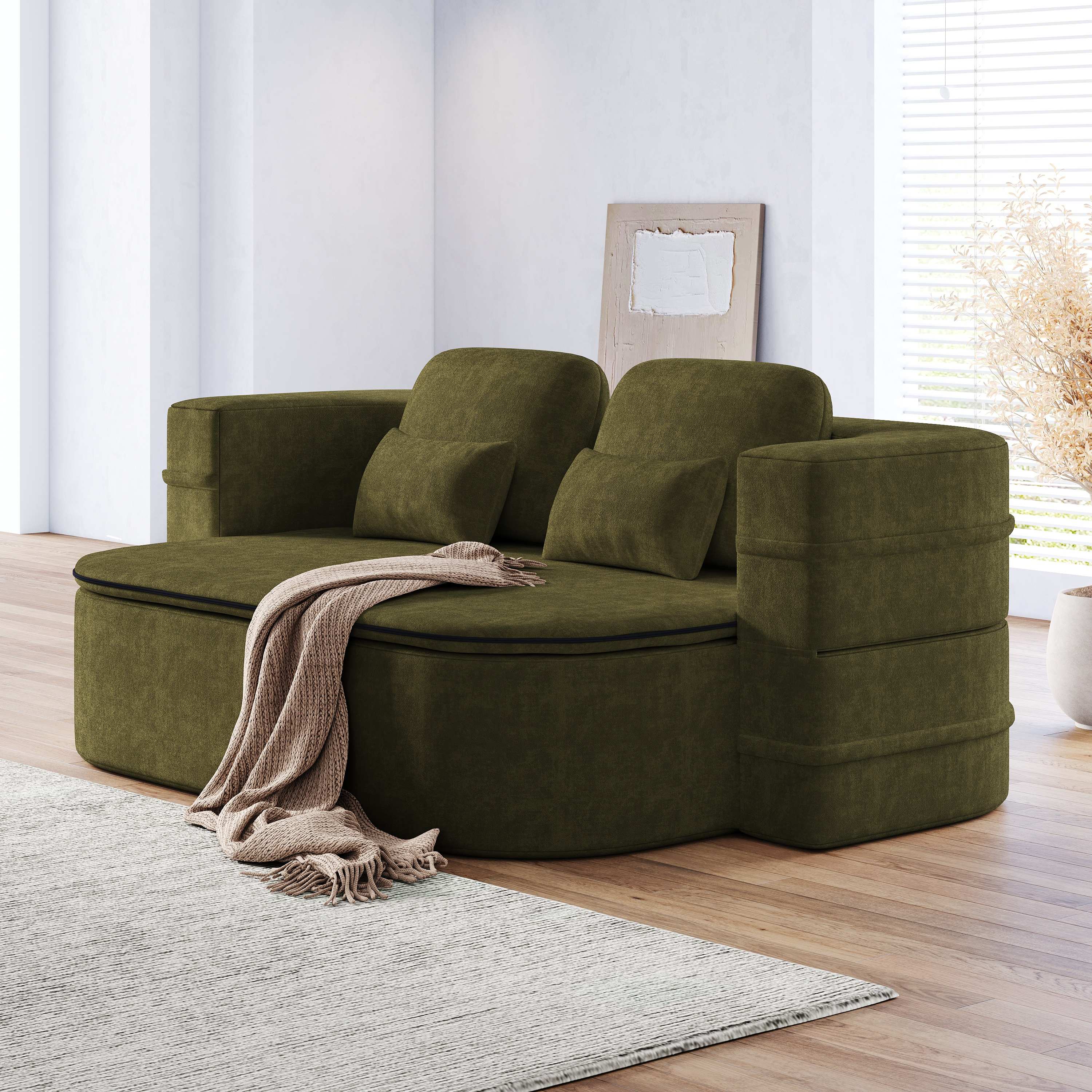 Horizons Prime 75 inch Green Chenille 2-in-1 Foldable Sofa Convertible Sleeper Foam Sofa Bed with Multi Functional Blanket