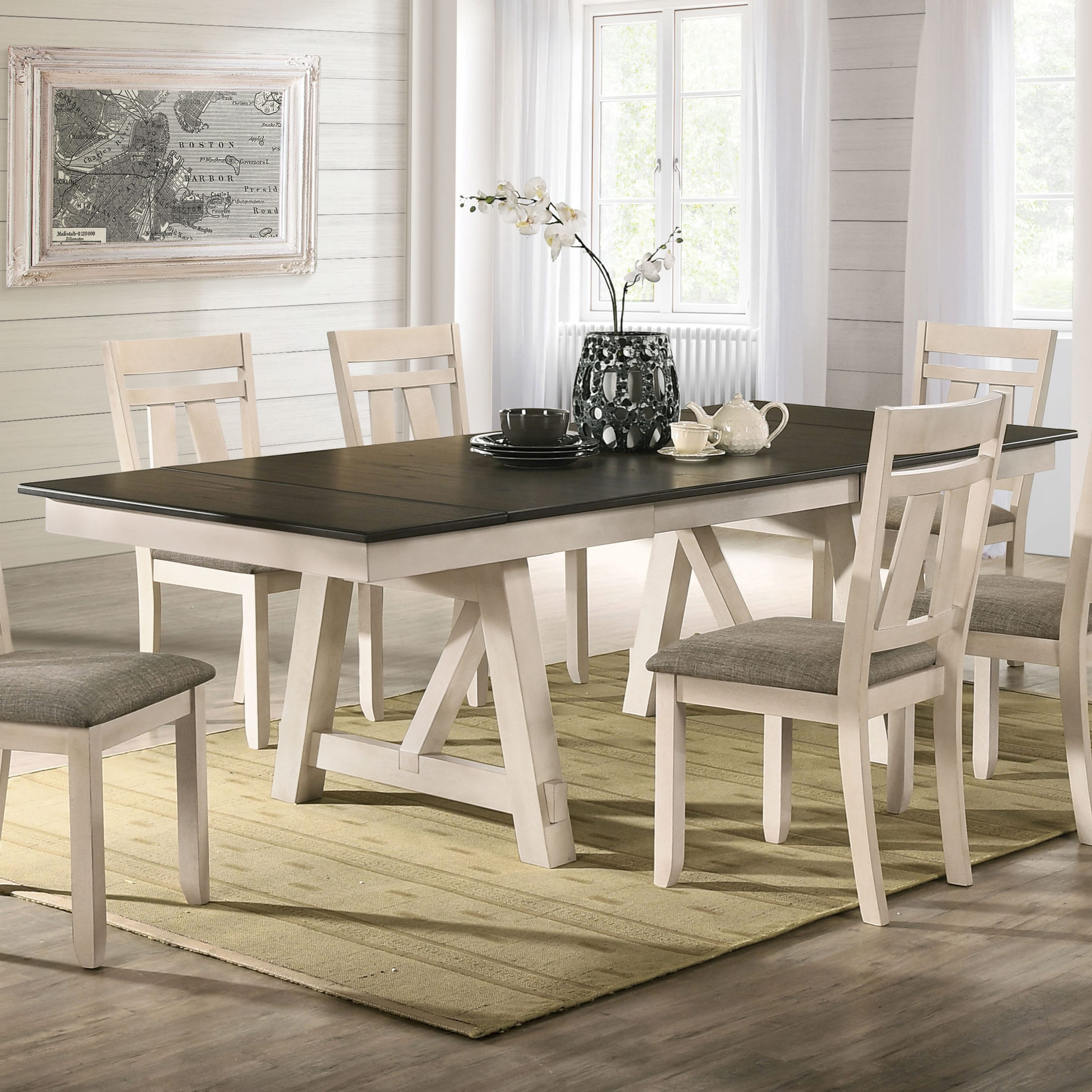 Furniture of America IDF-3487T Carlman Ivory and Dark Gray Transitional Extending Self-storing Leaf Dining Table, Wood with Ivory Wood Base 94-in L x 30-in H