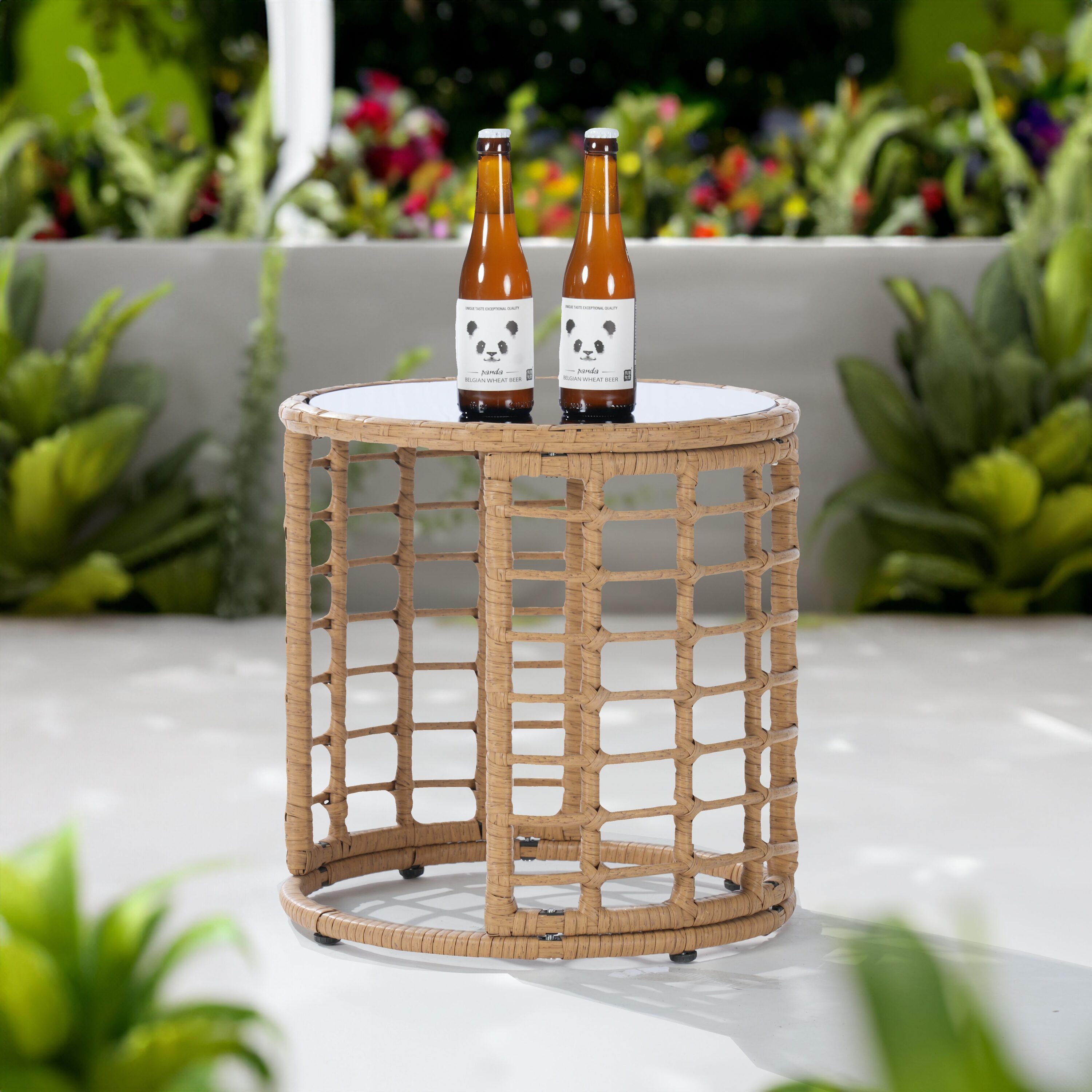 SANSTAR L-JDC-TB-BN Patio Tables Round Wicker Extendable Outdoor End Table 15.8-in W x 15.8-in L