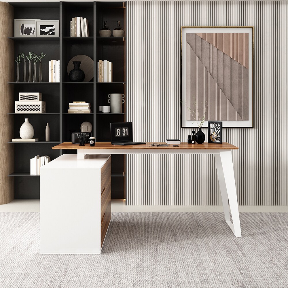 L Shaped Computer Study Desk with Cabinets and 3 Drawers Corner Writing ...