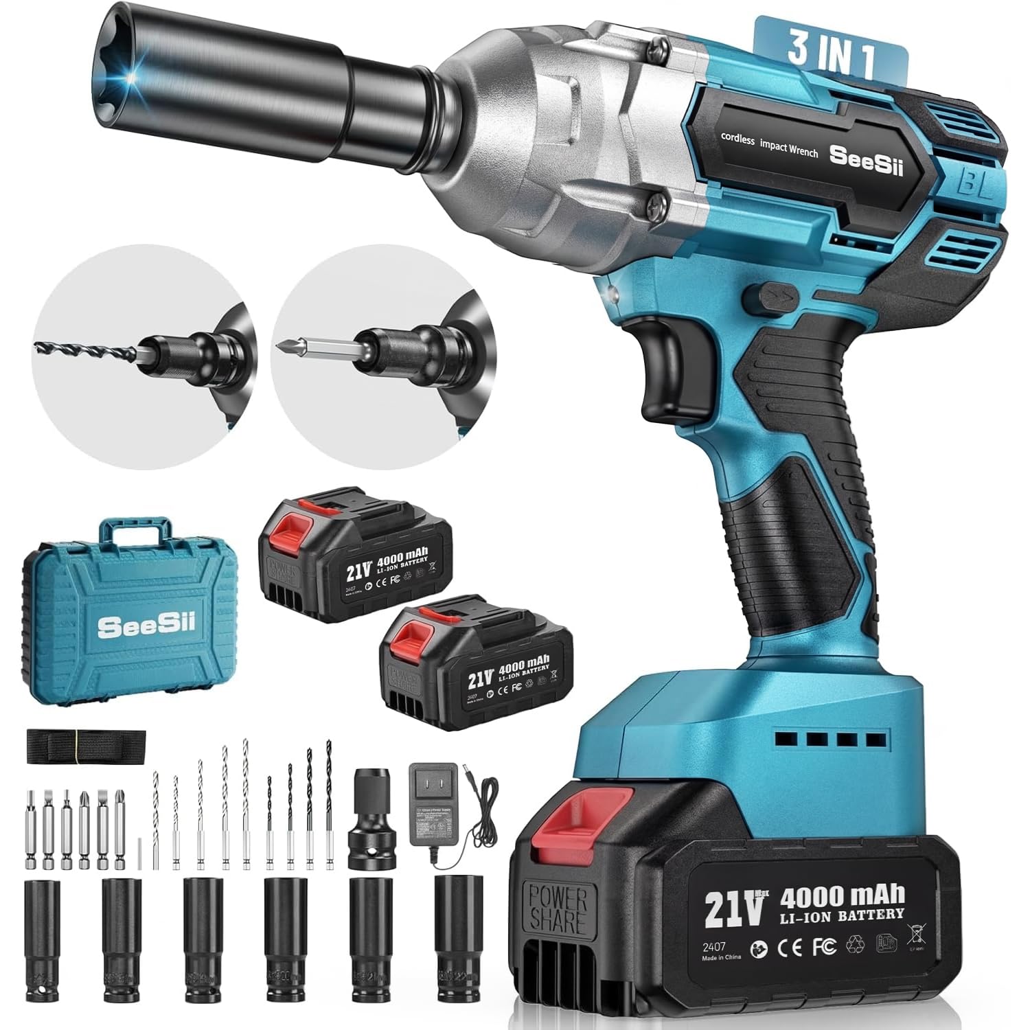 SeeSii Cordless Impact Wrench 1-2 Inch High Torque 479 Ft-lbs 650Nm Brushless Impact Gun 2500RPM with 2x4.0 Battery 6 Sockets 8 Drill Bits High Torque Power Impact Driver for Car Home WH700 #WH810