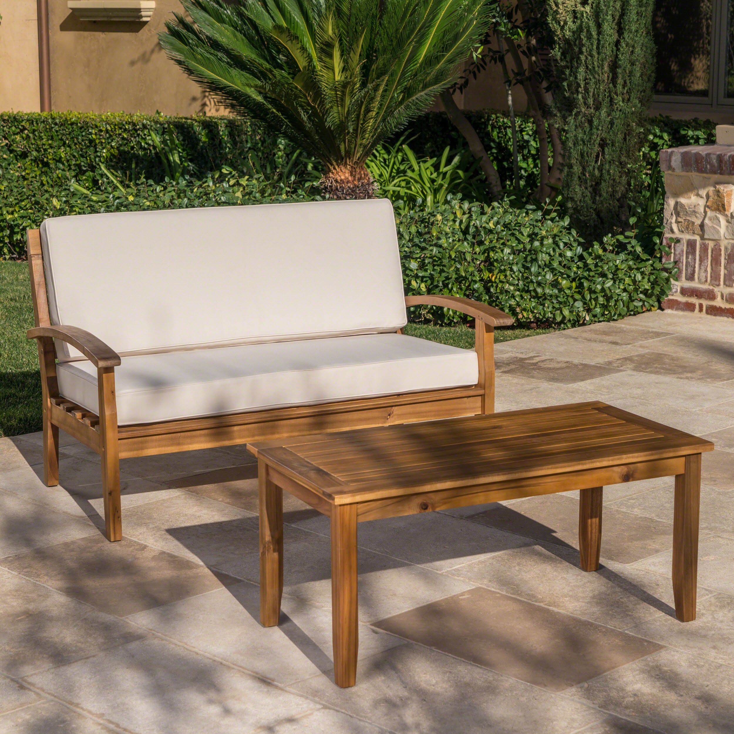 AAZJ JDL-579721 Patio Dining Sets 2 -Piece Teak Patio Dining Set Wood Rectangle Table with 2 Beige Cushions Stationary Chairs