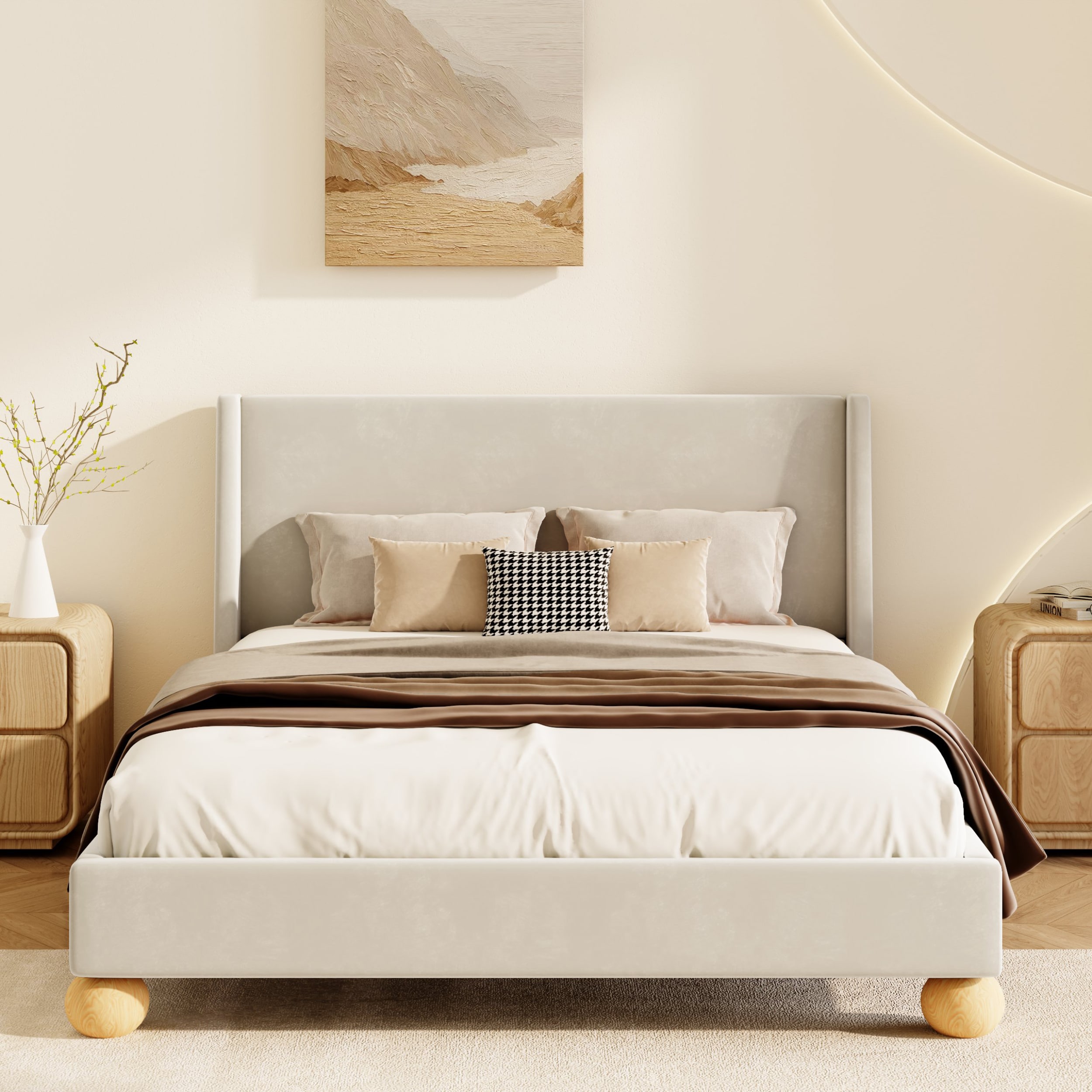ZAKLOOP WU1437119567 Cream Queen Wood Platform Bed